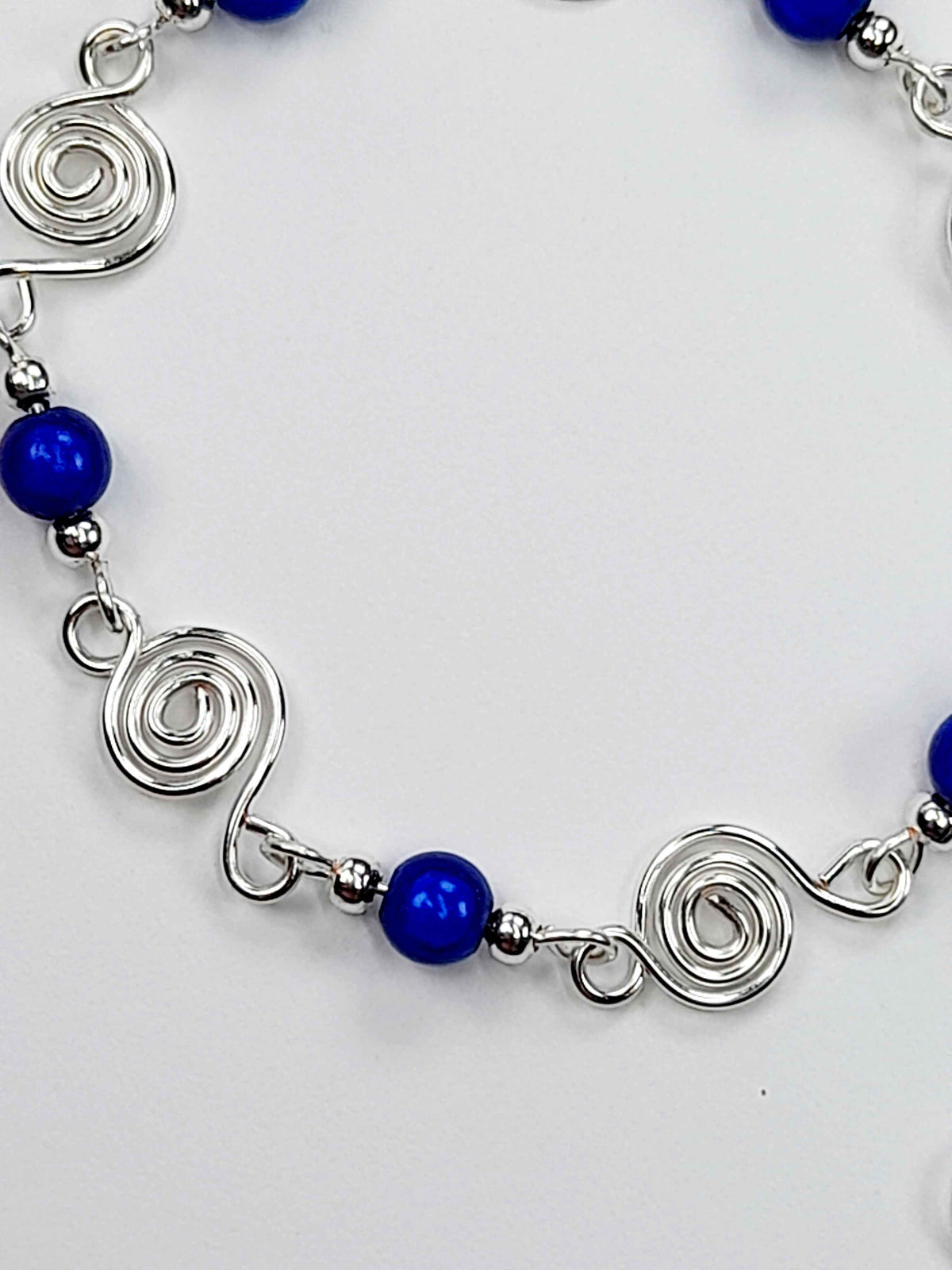 Dainty Silver Spiral & Bright Blue Bead Bracelet, Handmade Adjustable Design