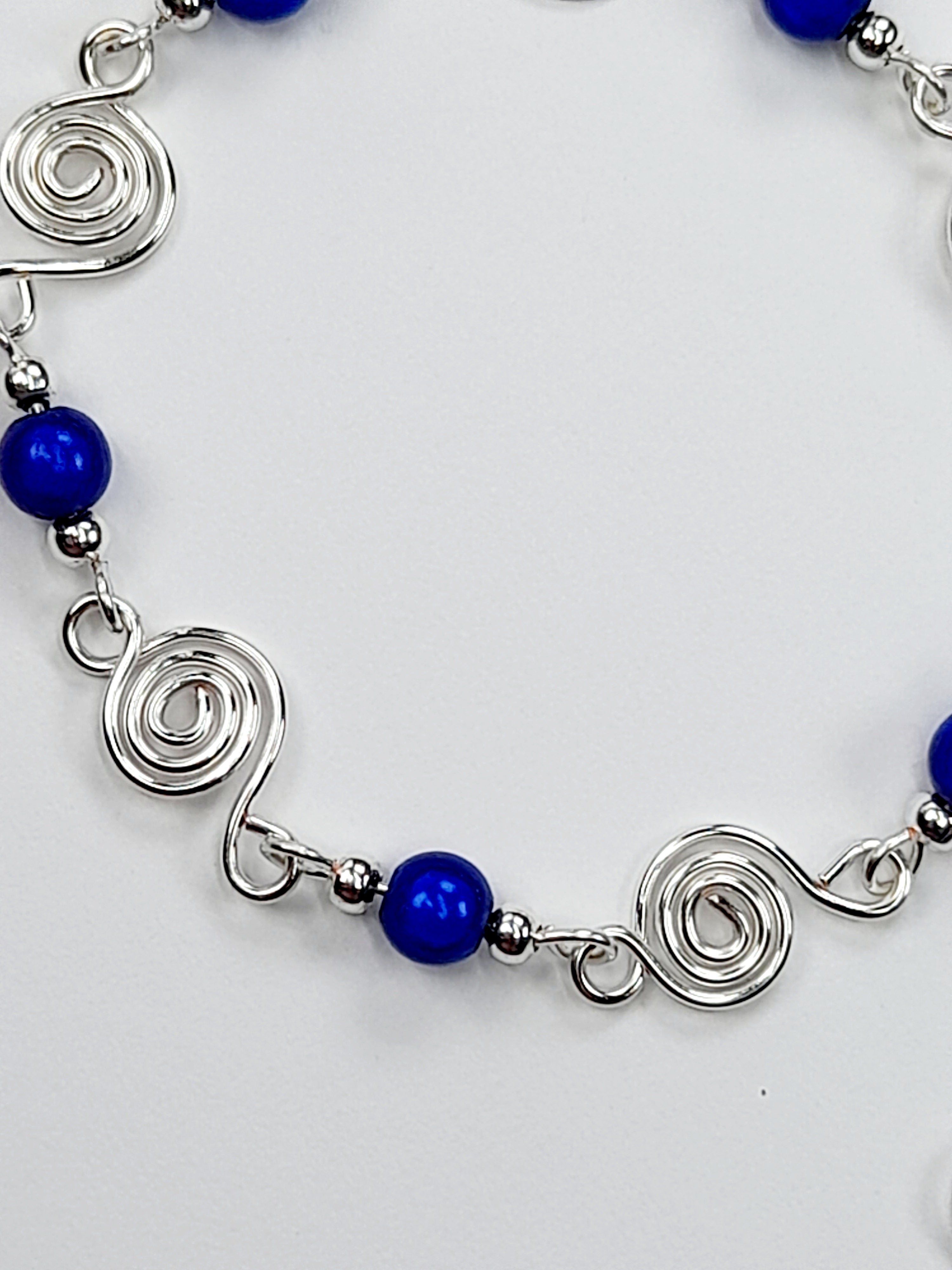Dainty Silver Spiral & Bright Blue Bead Bracelet, Handmade Adjustable Design