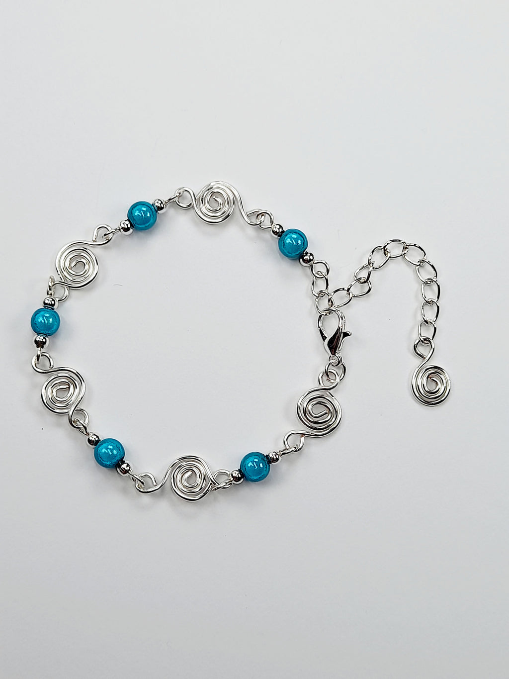 Dainty Silver Spiral & Turquoise Bead Bracelet, Handmade Adjustable Design
