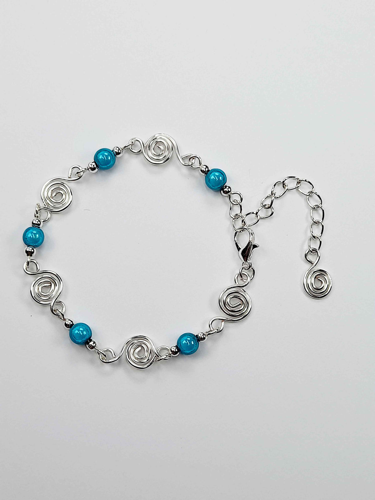 Dainty Silver Spiral & Turquoise Bead Bracelet, Handmade Adjustable Design