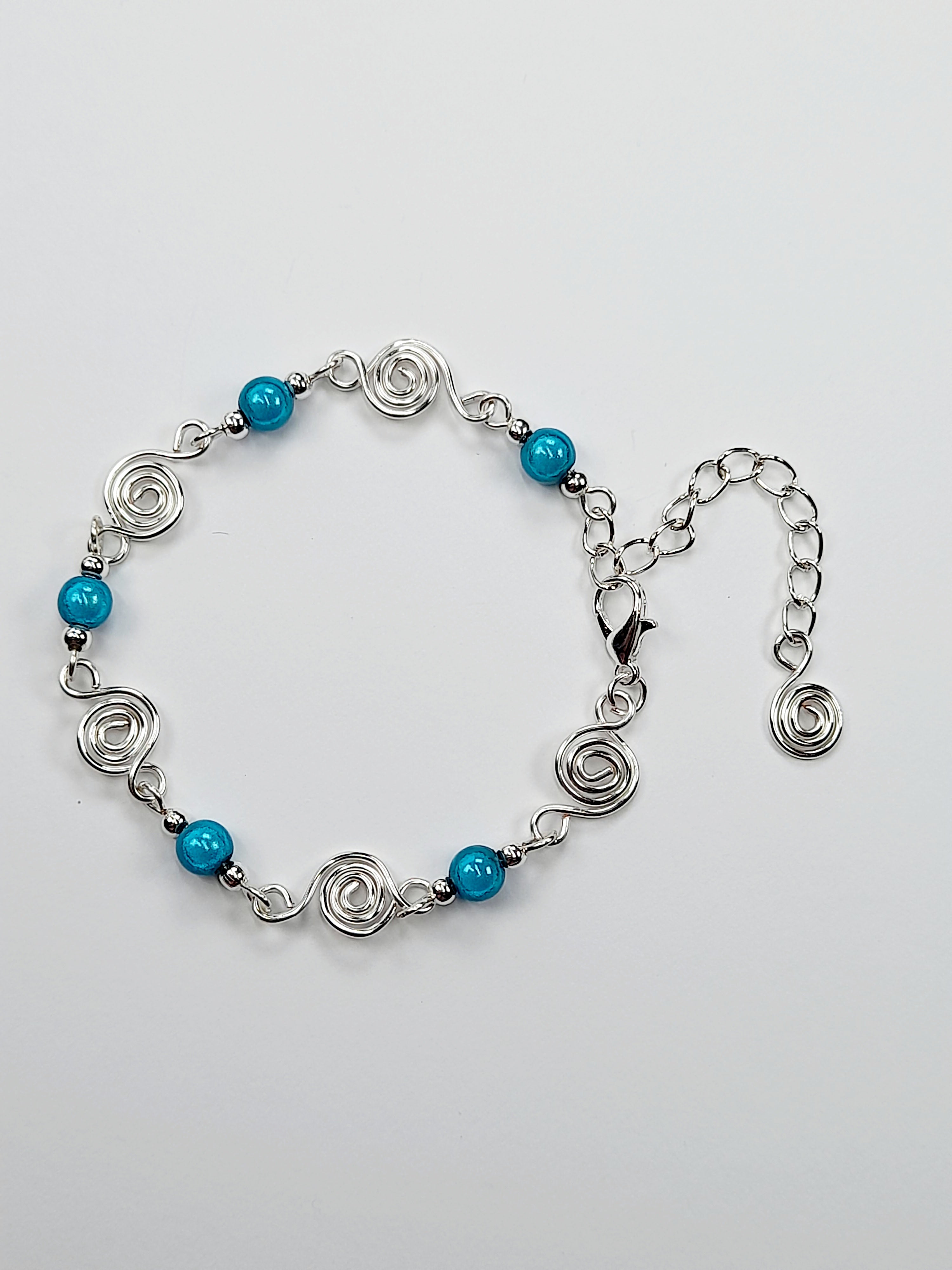 Dainty Silver Spiral & Turquoise Bead Bracelet, Handmade Adjustable Design