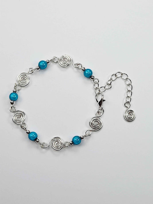 Dainty Silver Spiral & Turquoise Bead Bracelet, Handmade Adjustable Design