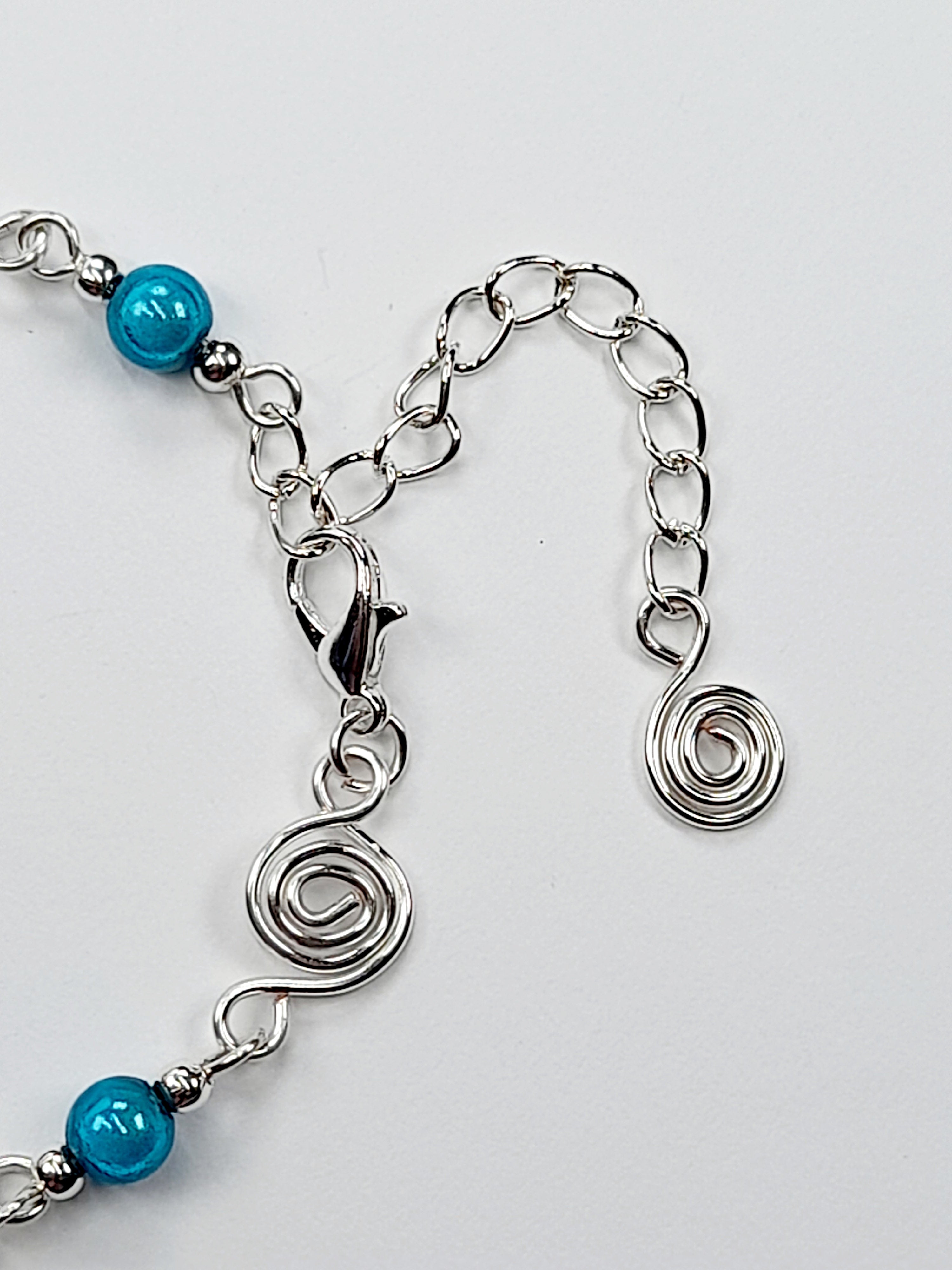 Dainty Silver Spiral & Turquoise Bead Bracelet, Handmade Adjustable Design