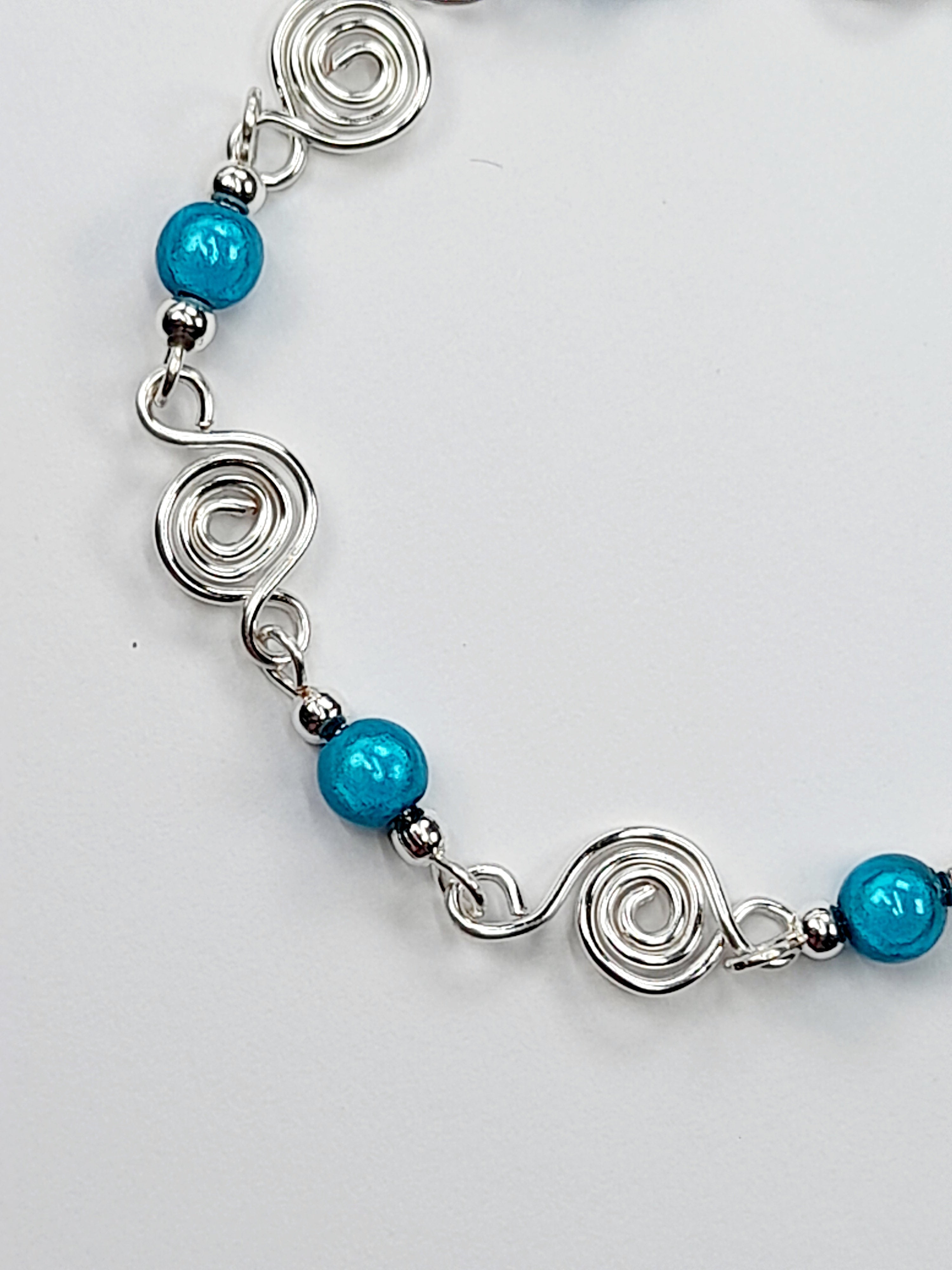 Dainty Silver Spiral & Turquoise Bead Bracelet, Handmade Adjustable Design
