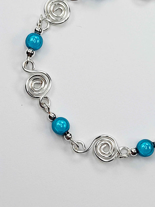 Dainty Silver Spiral & Turquoise Bead Bracelet, Handmade Adjustable Design