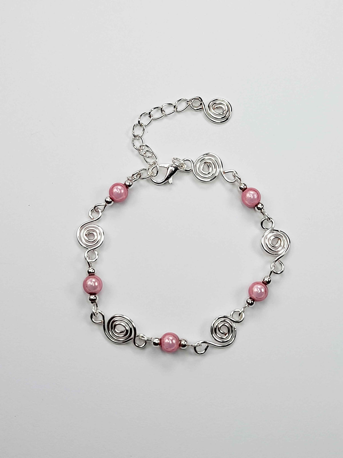 Dainty Silver Spiral & Pale Pink Bead Bracelet, Handmade Adjustable Design
