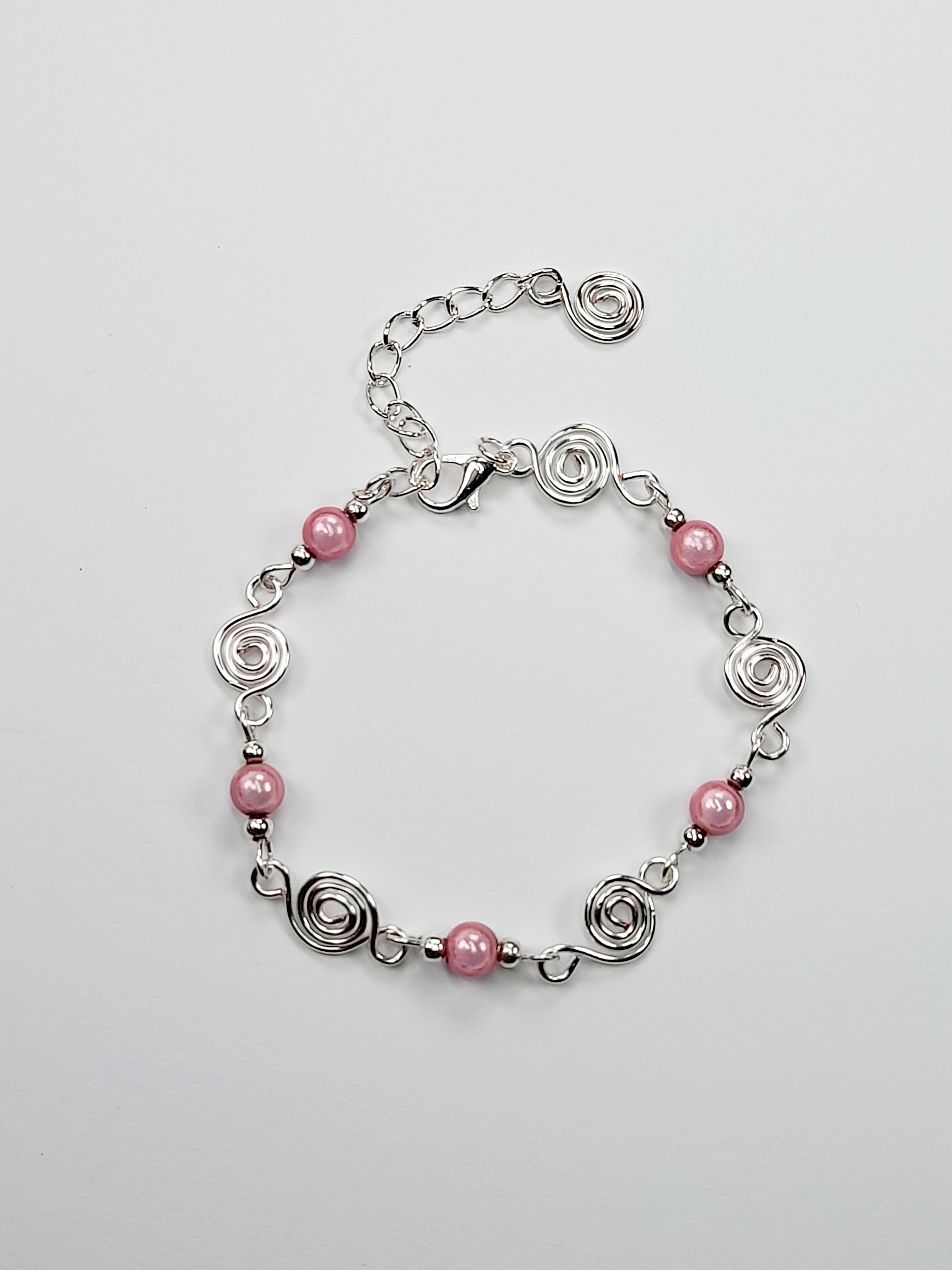 Dainty Silver Spiral & Pale Pink Bead Bracelet, Handmade Adjustable Design
