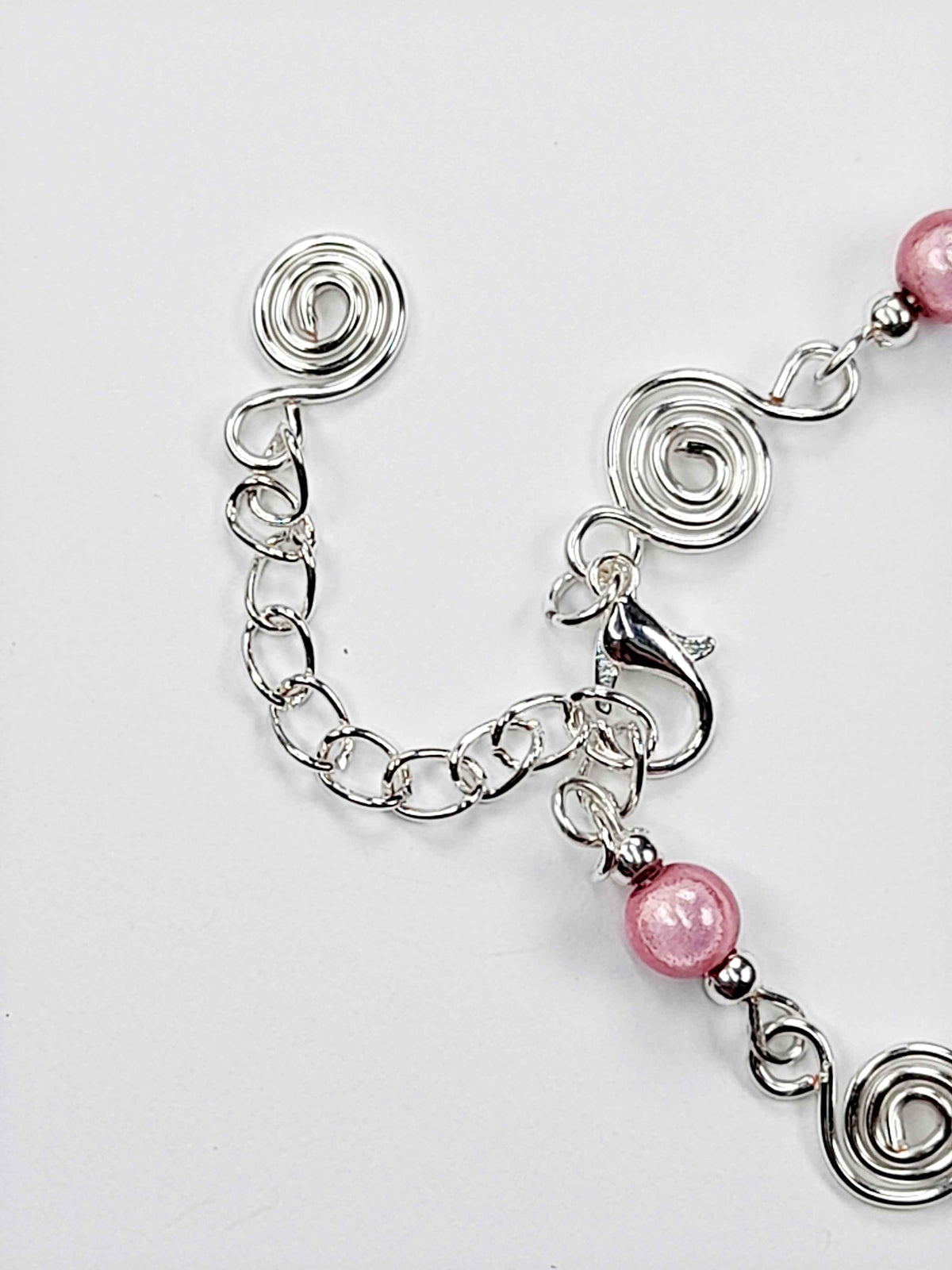 Dainty Silver Spiral & Pale Pink Bead Bracelet, Handmade Adjustable Design