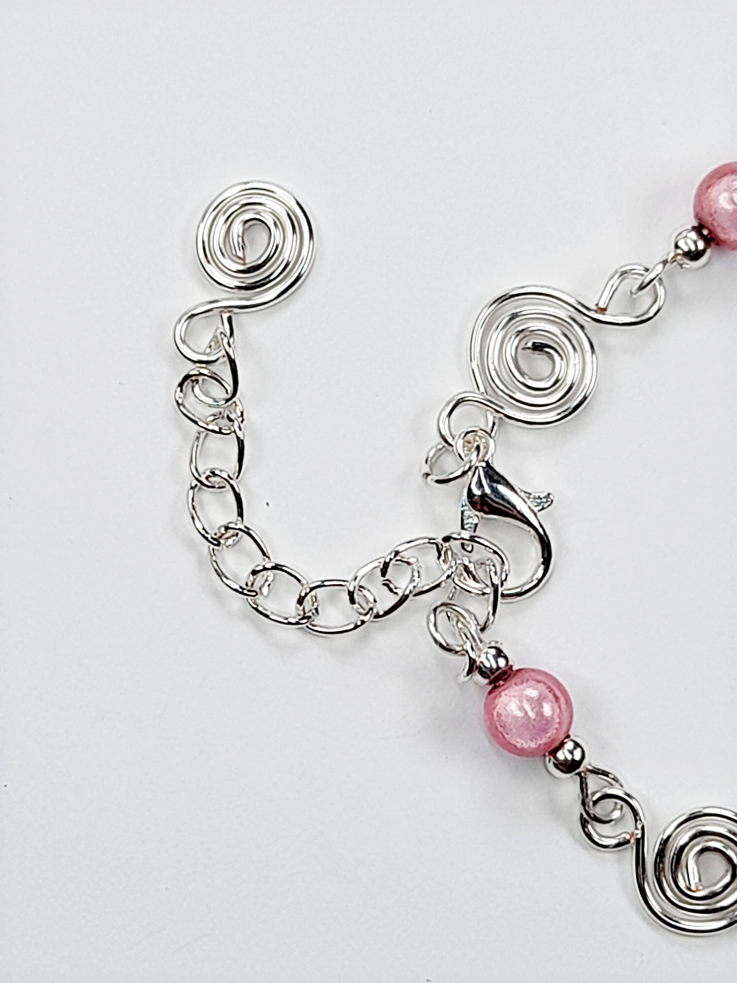 Dainty Silver Spiral & Pale Pink Bead Bracelet, Handmade Adjustable Design