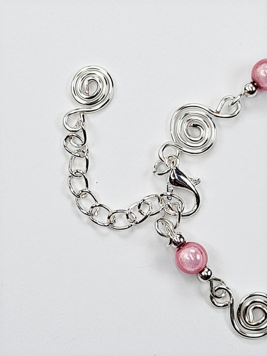 Dainty Silver Spiral & Pale Pink Bead Bracelet, Handmade Adjustable Design