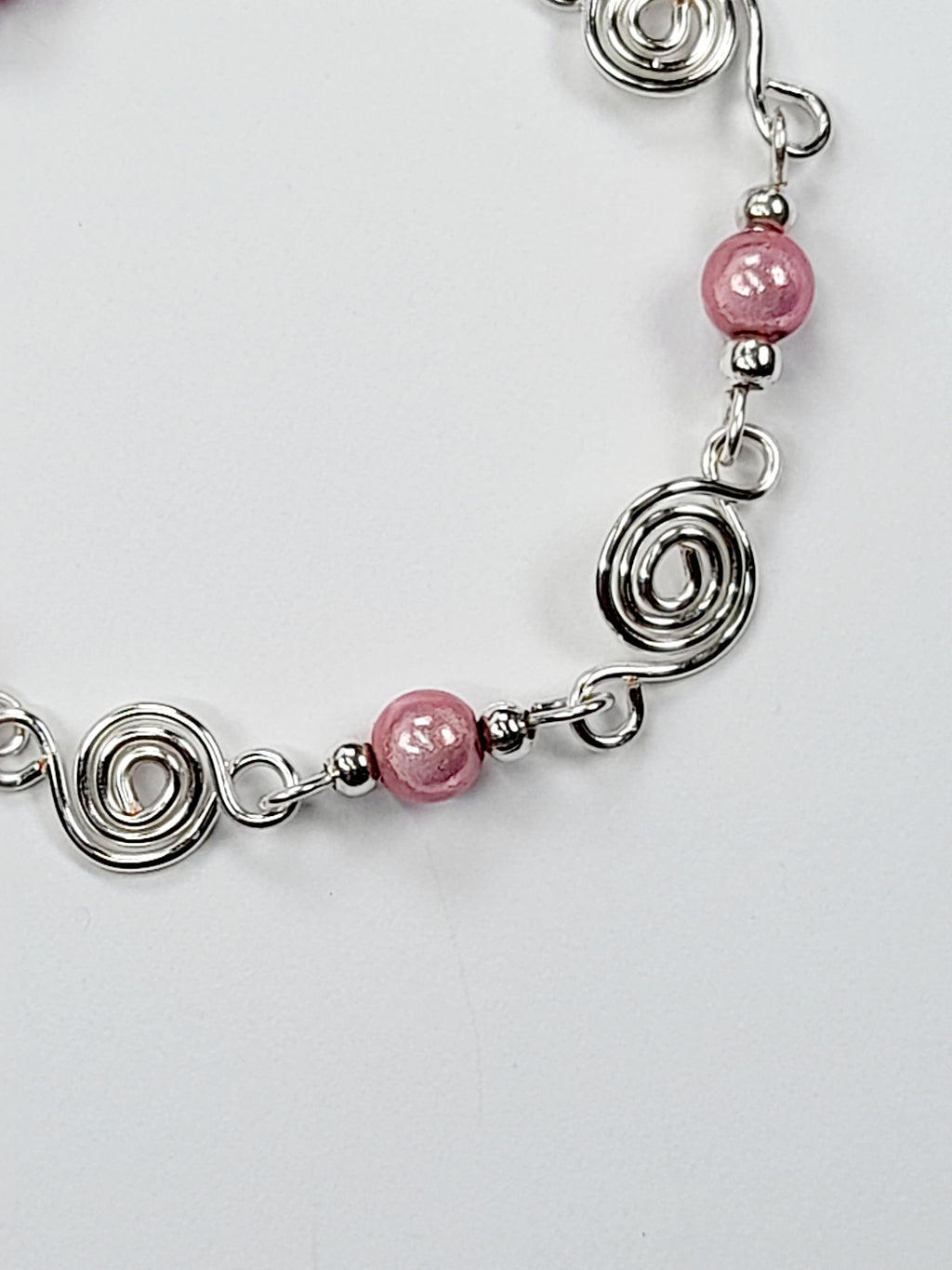 Dainty Silver Spiral & Pale Pink Bead Bracelet, Handmade Adjustable Design