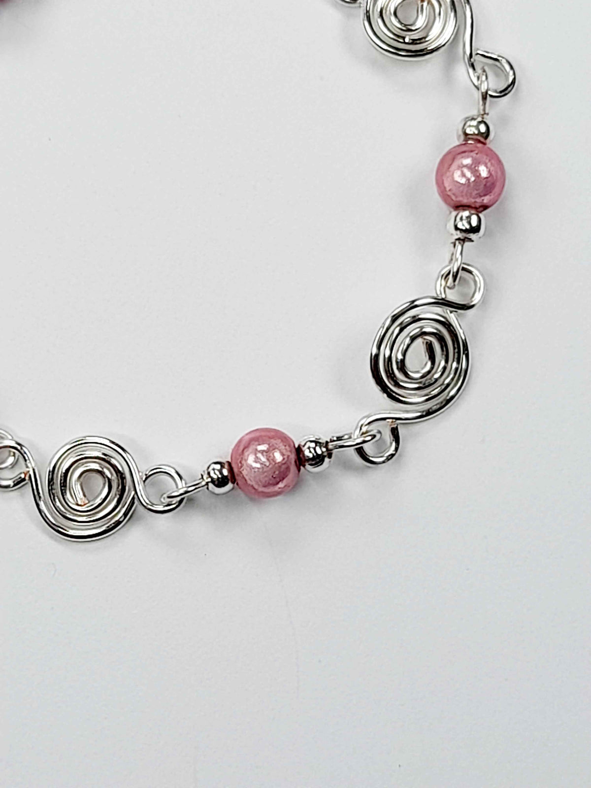 Dainty Silver Spiral & Pale Pink Bead Bracelet, Handmade Adjustable Design