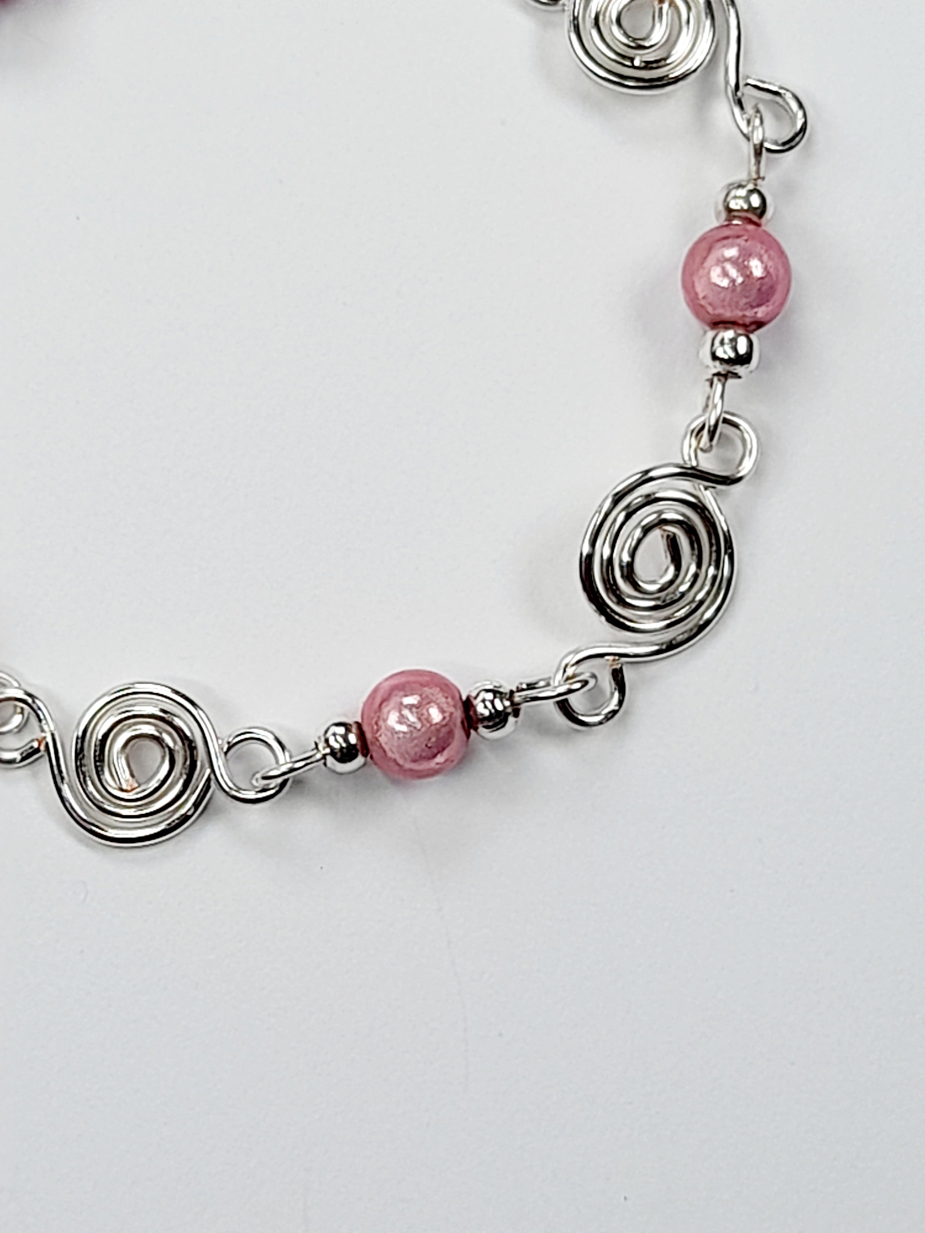 Dainty Silver Spiral & Pale Pink Bead Bracelet, Handmade Adjustable Design