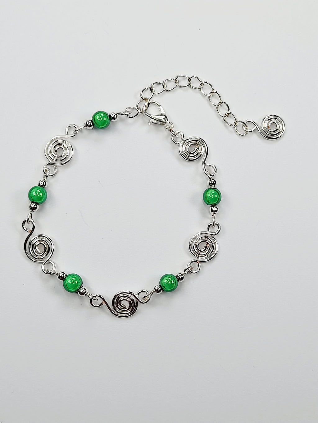 Dainty Silver Spiral & Green Bracelet, Handmade Adjustable Design