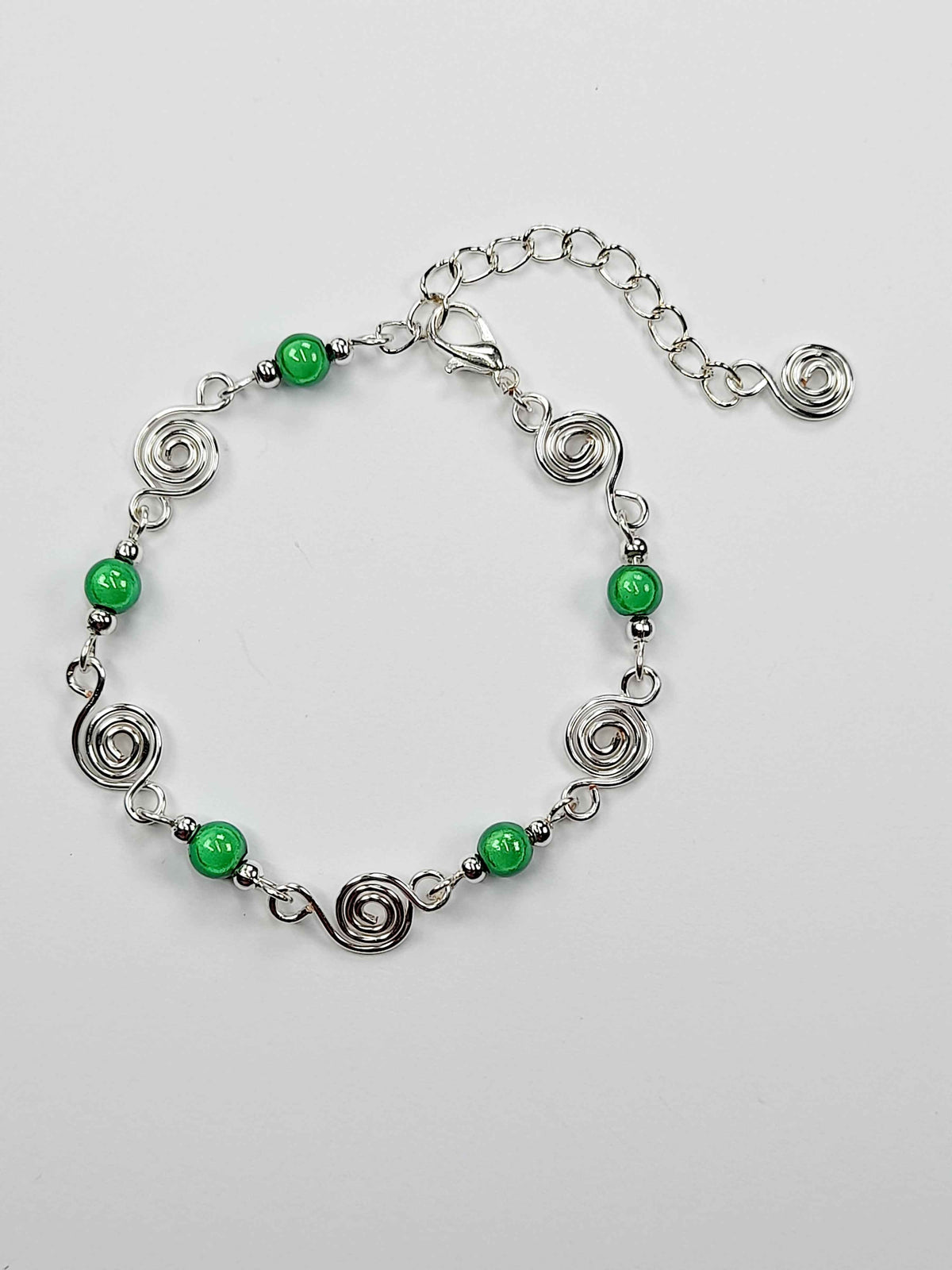 Dainty Silver Spiral & Green Bracelet, Handmade Adjustable Design