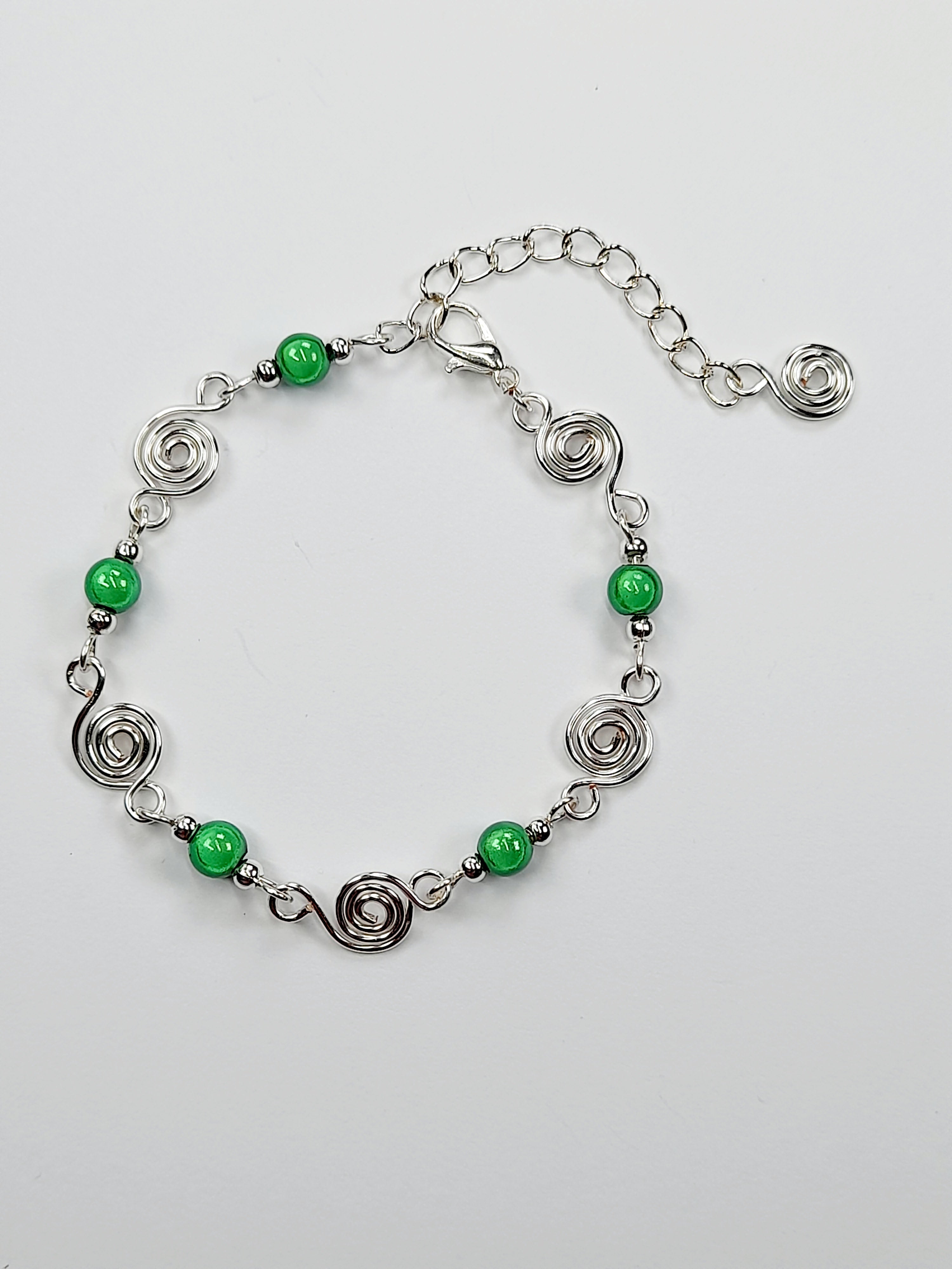 Dainty Silver Spiral & Green Bracelet, Handmade Adjustable Design