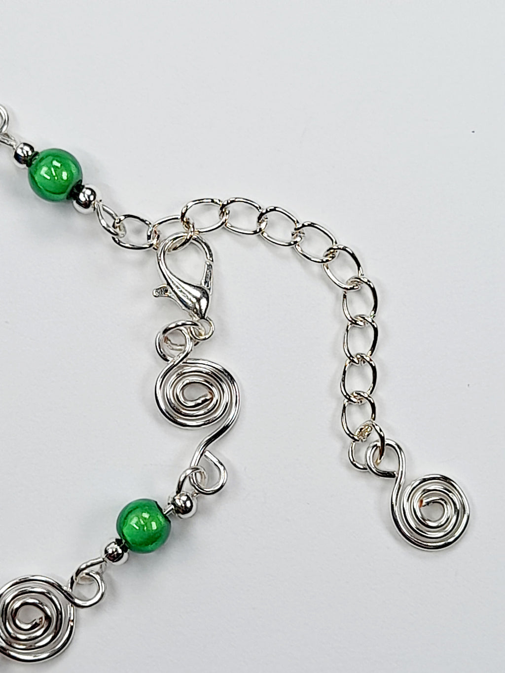 Dainty Silver Spiral & Green Bracelet, Handmade Adjustable Design