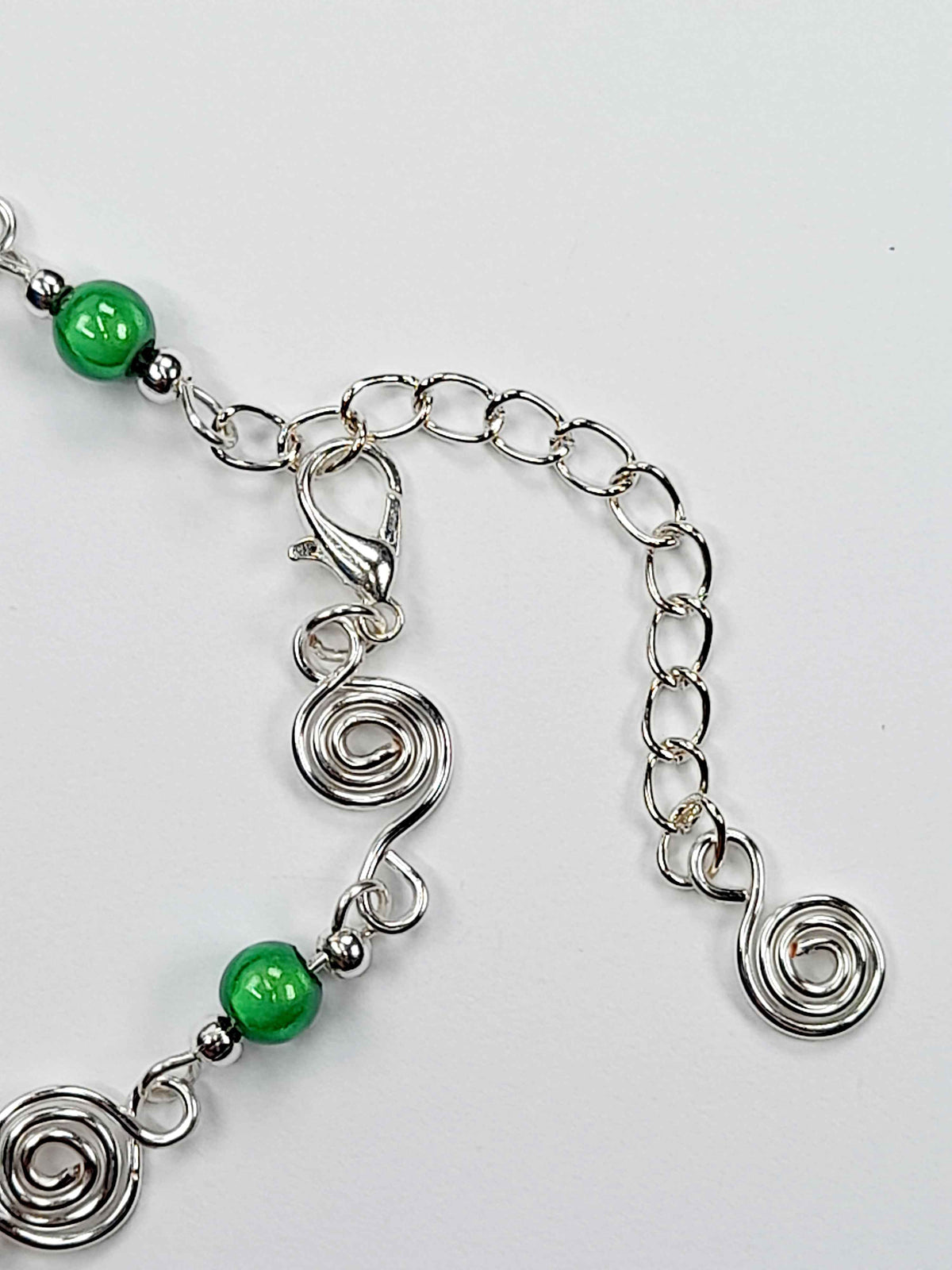 Dainty Silver Spiral & Green Bracelet, Handmade Adjustable Design