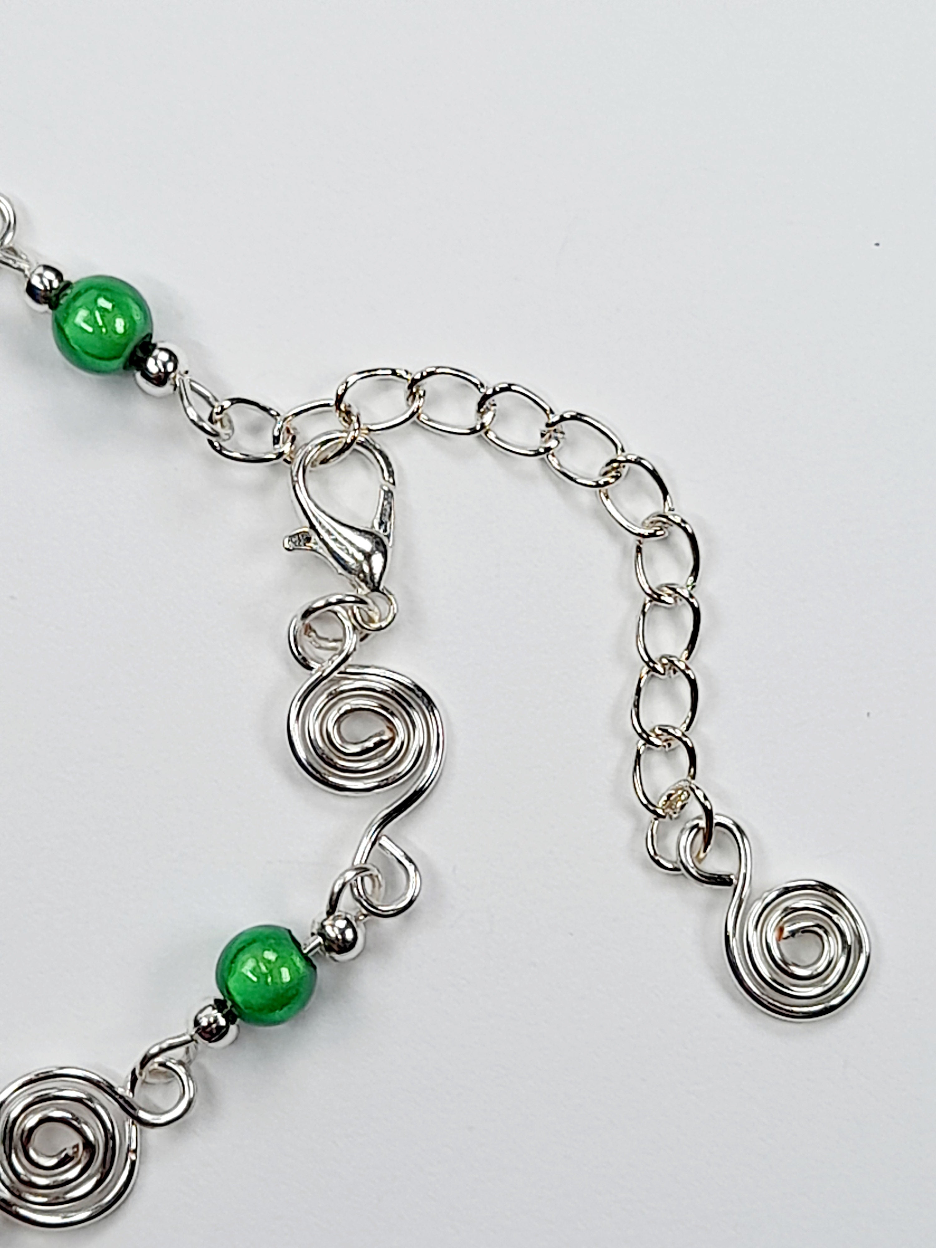 Dainty Silver Spiral & Green Bracelet, Handmade Adjustable Design