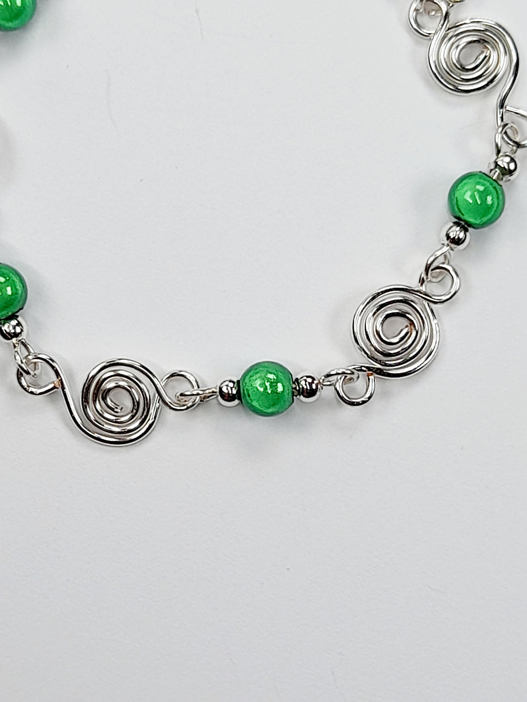 Dainty Silver Spiral & Green Bracelet, Handmade Adjustable Design