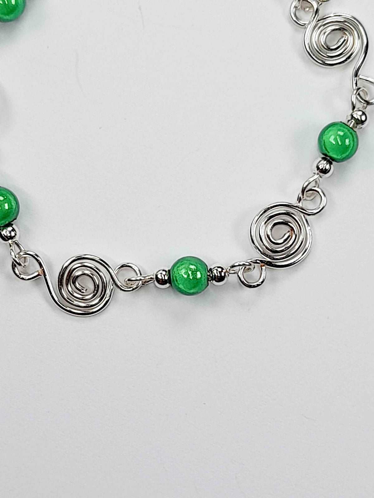 Dainty Silver Spiral & Green Bracelet, Handmade Adjustable Design