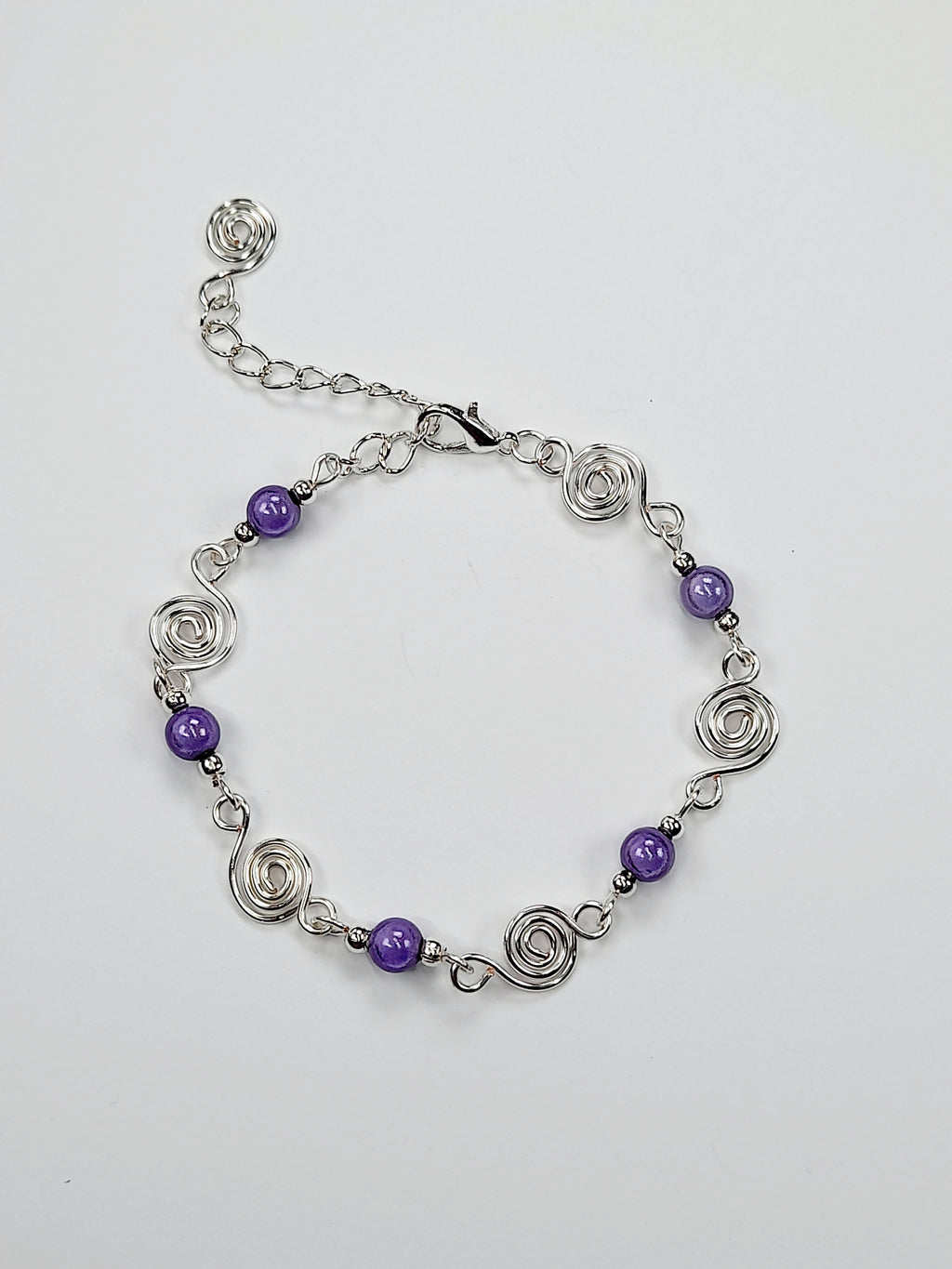 Dainty Silver Spiral & Lilac Bead Bracelet, Handmade Adjustable Design