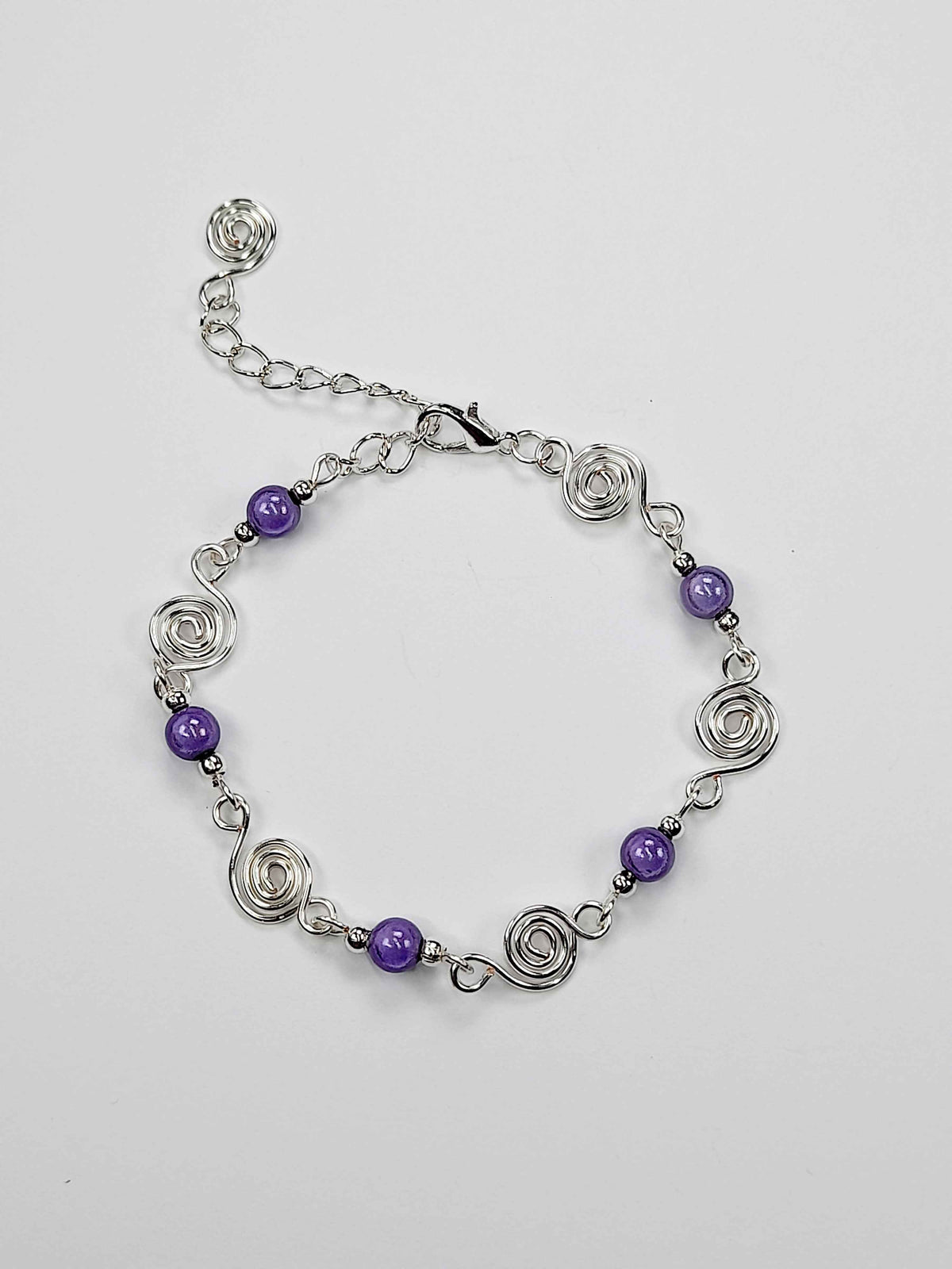 Dainty Silver Spiral & Lilac Bead Bracelet, Handmade Adjustable Design
