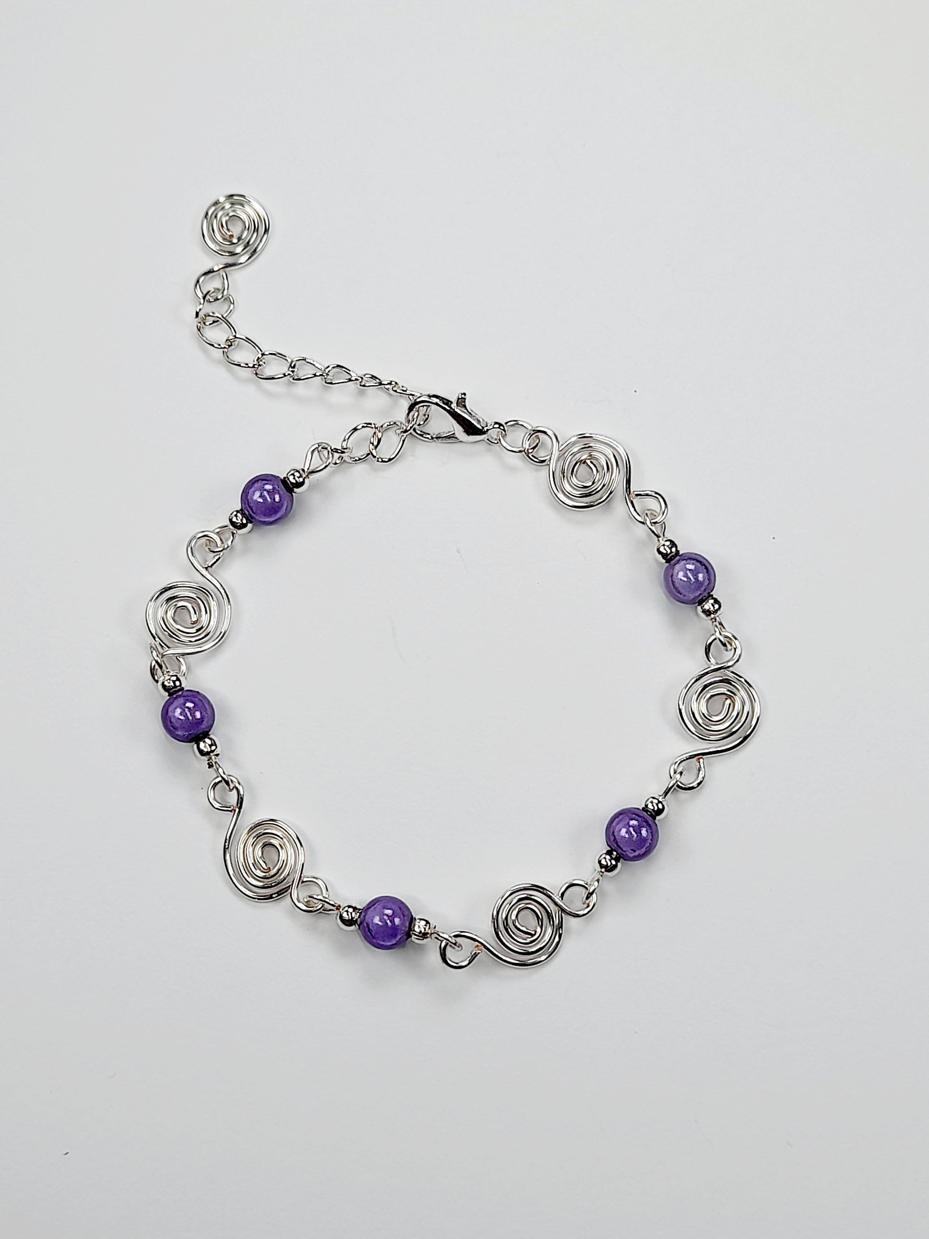 Dainty Silver Spiral & Lilac Bead Bracelet, Handmade Adjustable Design