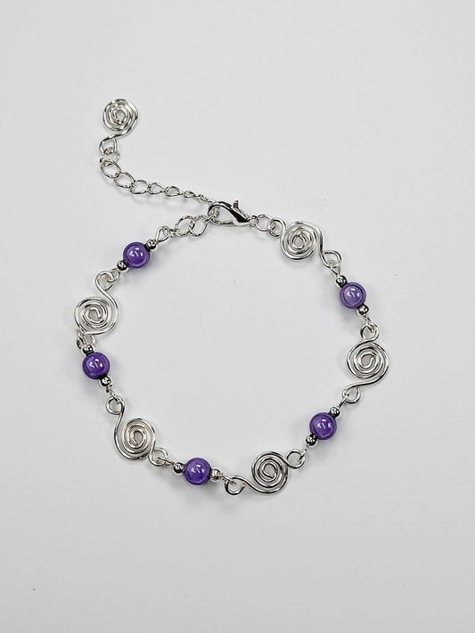 Dainty Silver Spiral & Lilac Bead Bracelet, Handmade Adjustable Design