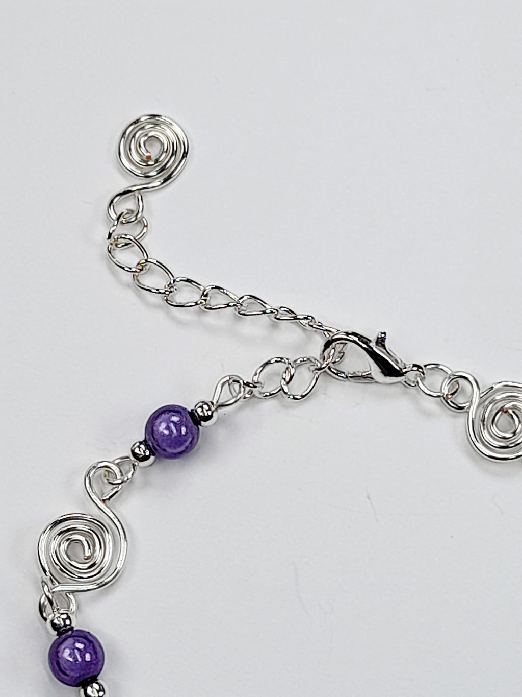 Dainty Silver Spiral & Lilac Bead Bracelet, Handmade Adjustable Design