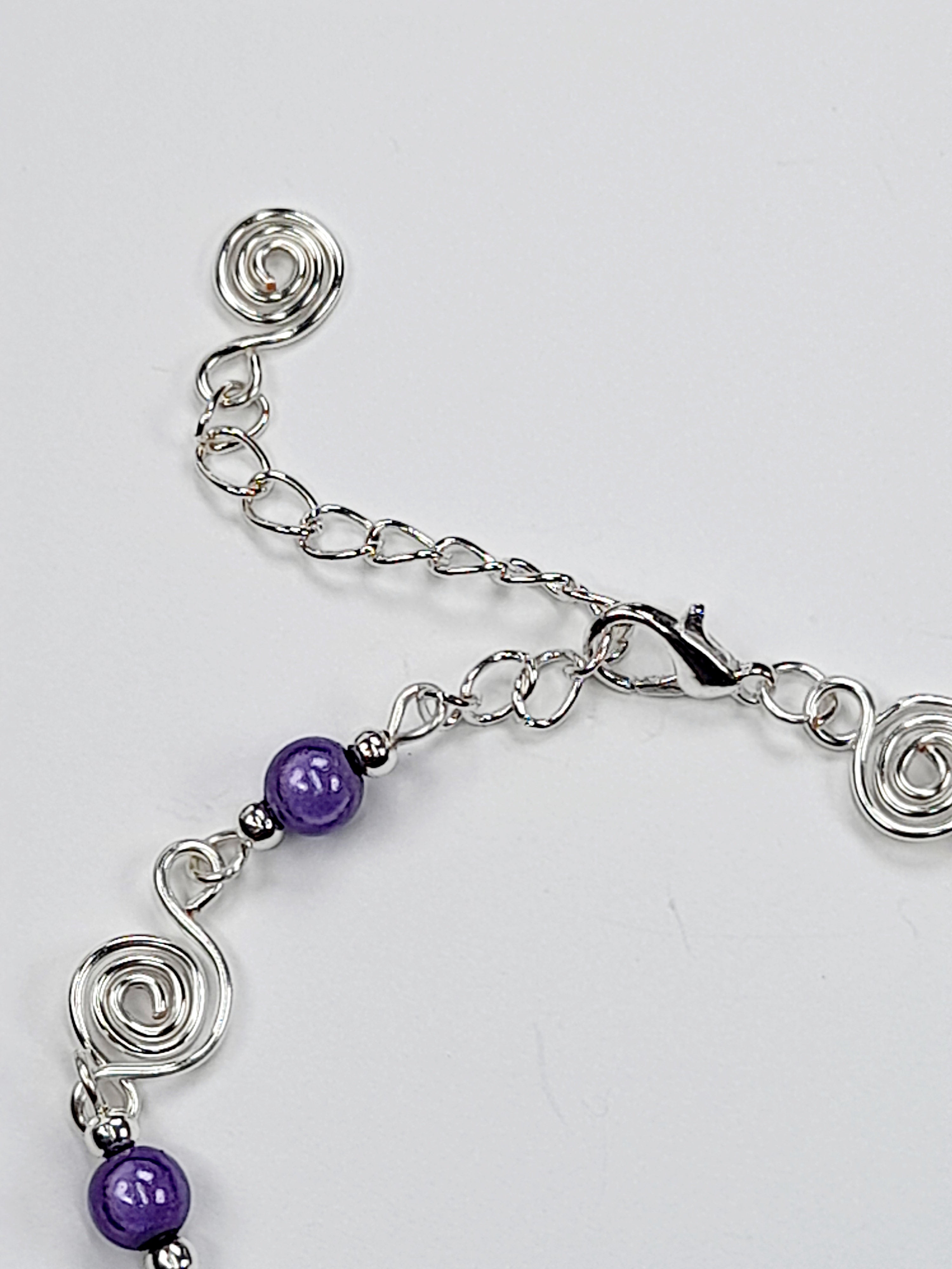 Dainty Silver Spiral & Lilac Bead Bracelet, Handmade Adjustable Design