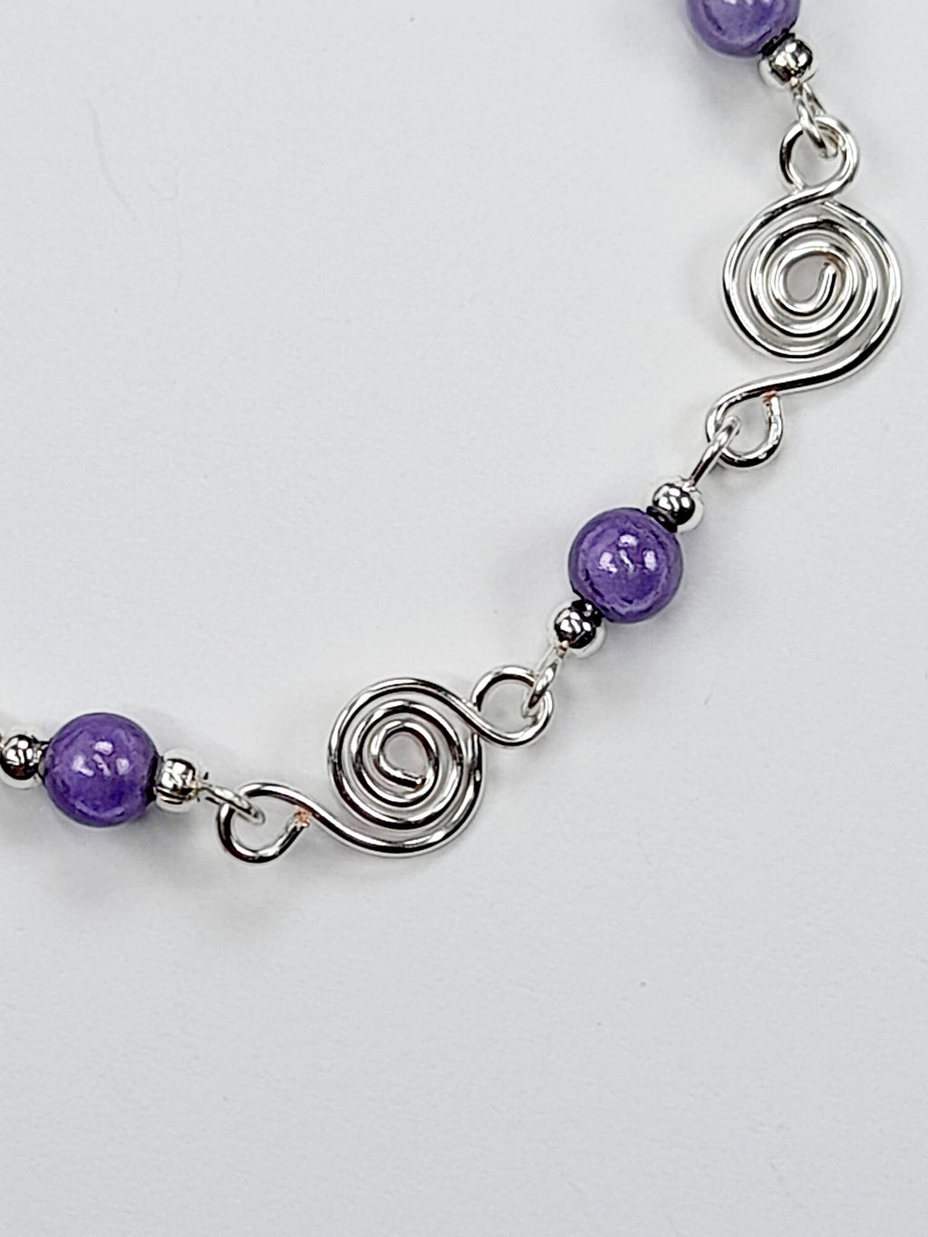 Dainty Silver Spiral & Lilac Bead Bracelet, Handmade Adjustable Design