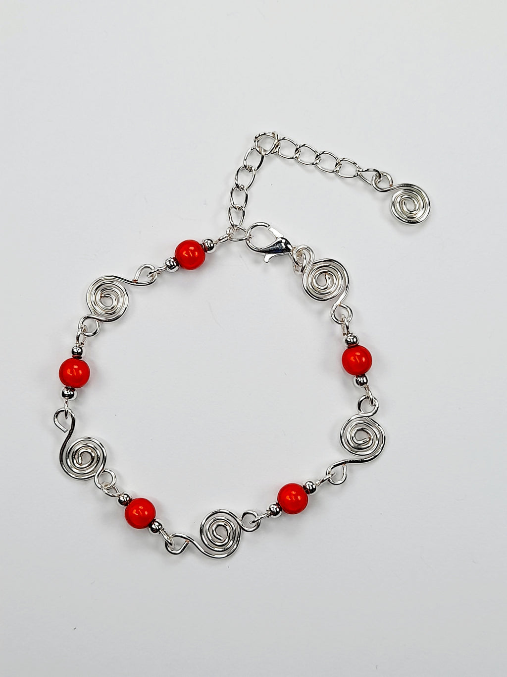 Dainty Silver Spiral & Red Bracelet, Handmade Adjustable Design