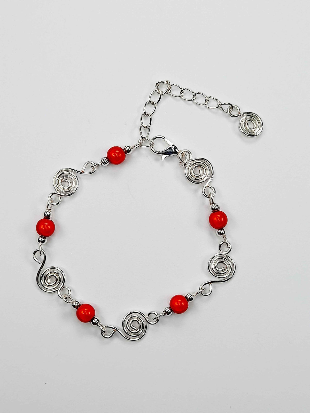 Dainty Silver Spiral & Red Bracelet, Handmade Adjustable Design