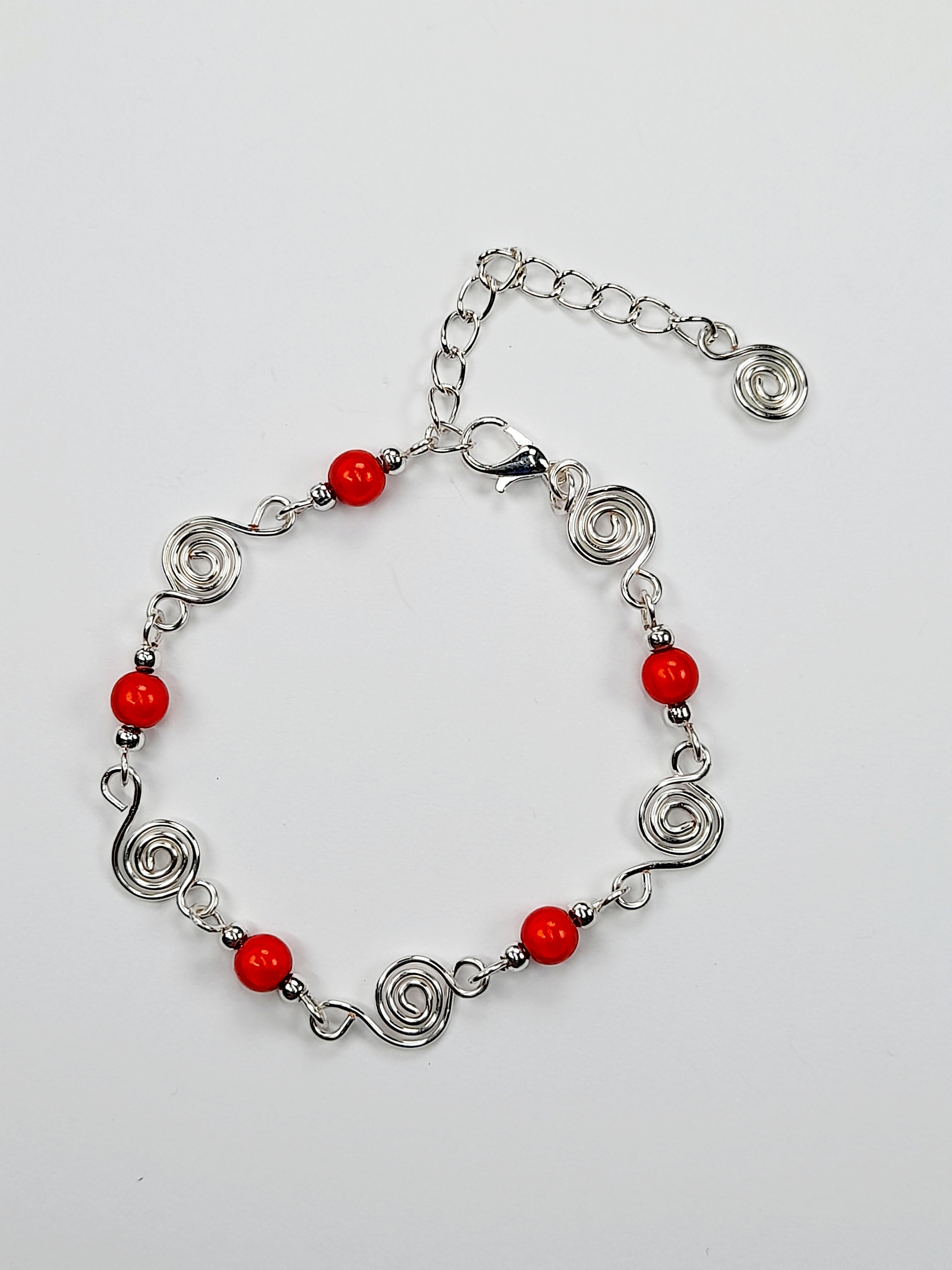 Dainty Silver Spiral & Red Bracelet, Handmade Adjustable Design