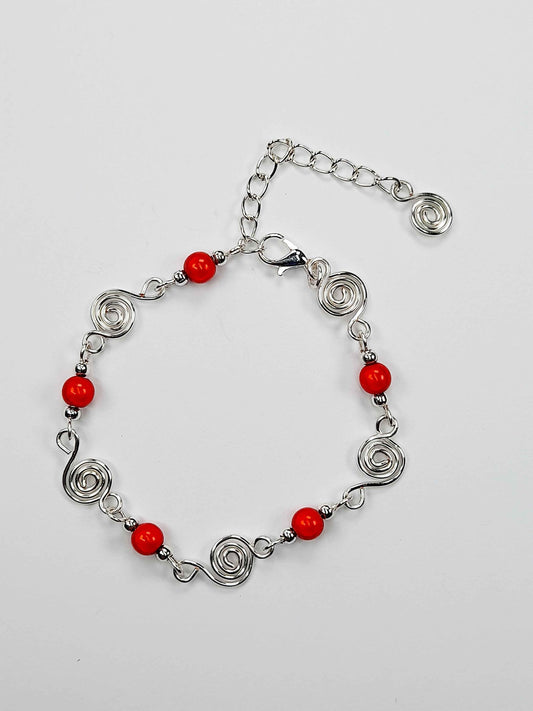 Dainty Silver Spiral & Red Bracelet, Handmade Adjustable Design