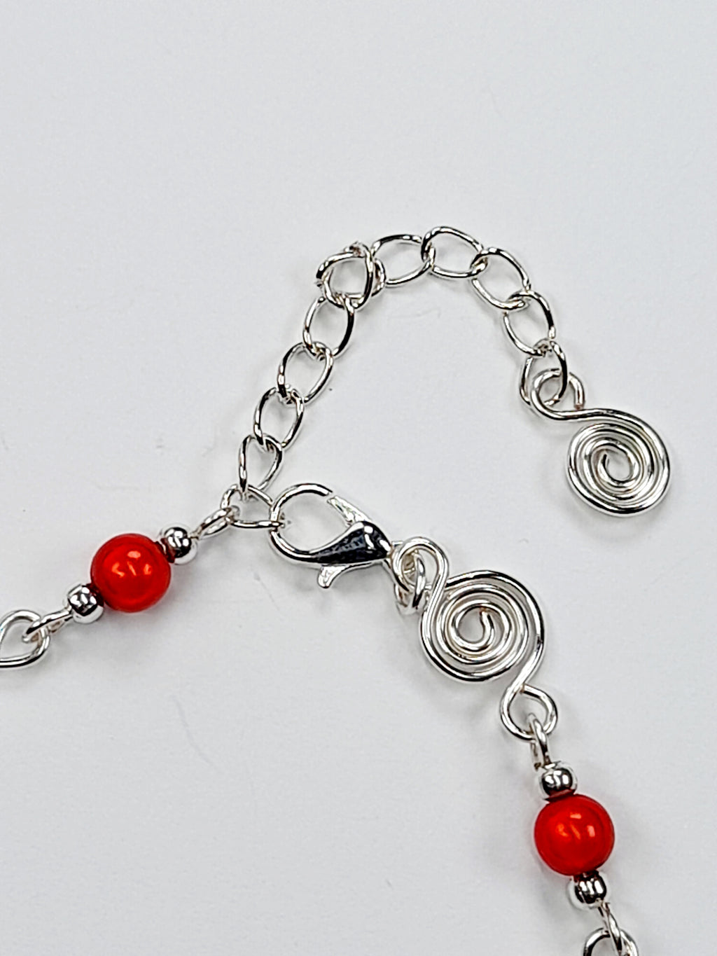 Dainty Silver Spiral & Red Bracelet, Handmade Adjustable Design