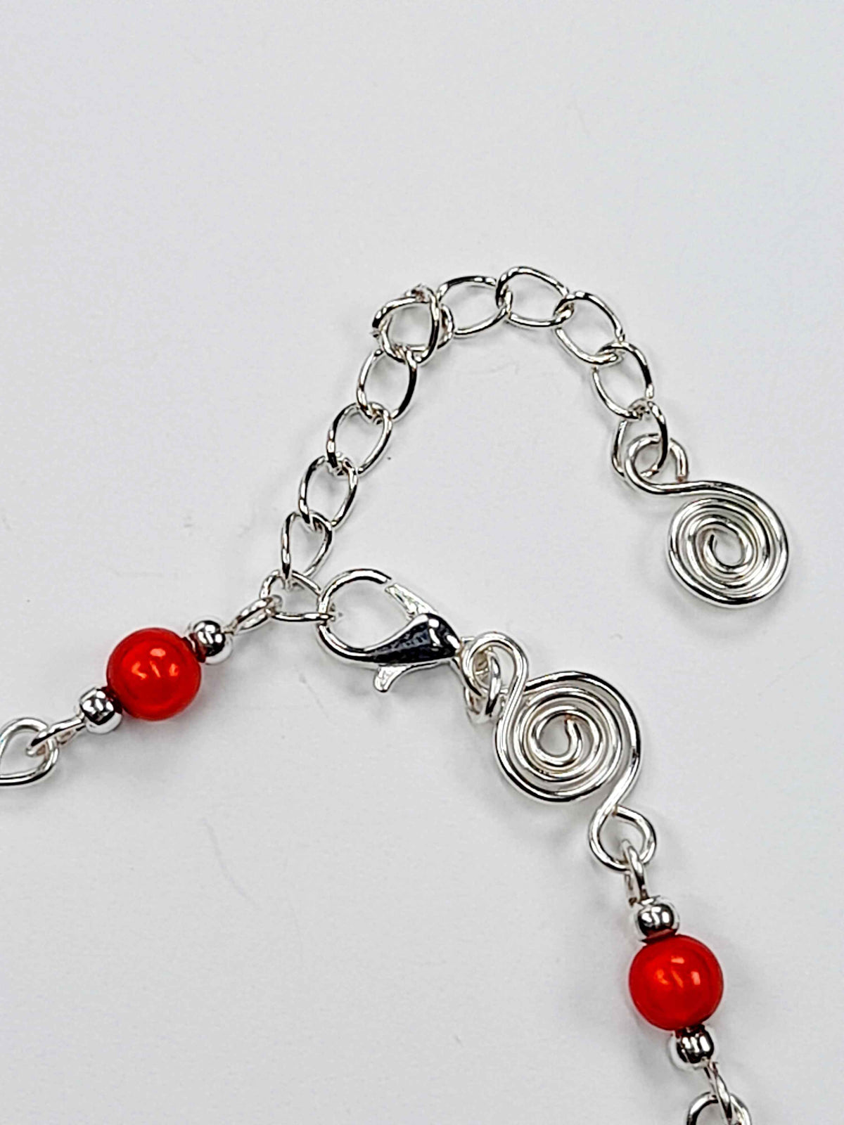 Dainty Silver Spiral & Red Bracelet, Handmade Adjustable Design