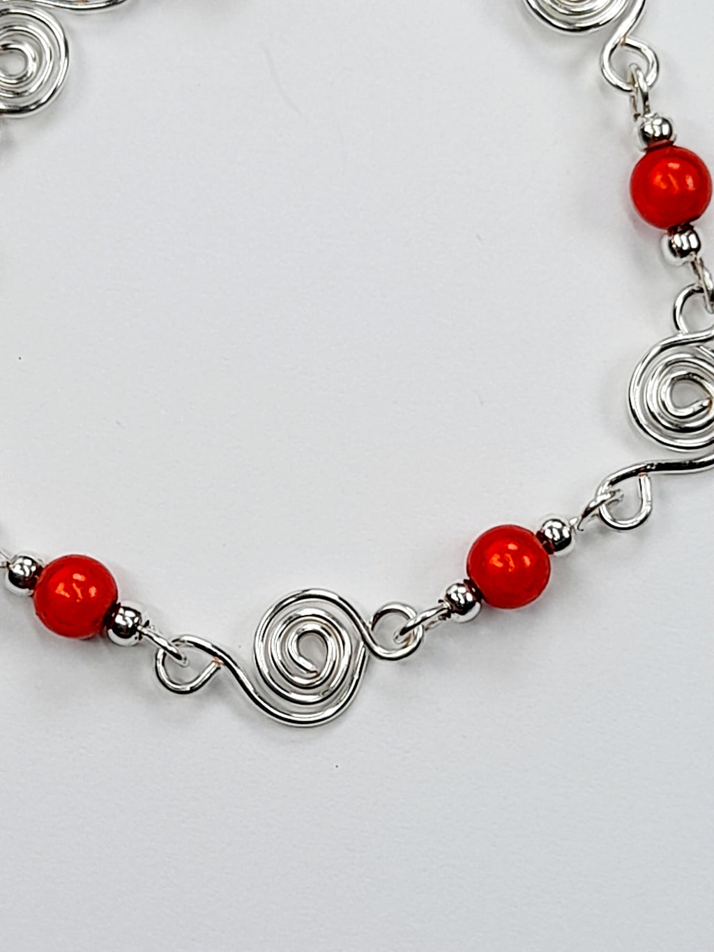 Dainty Silver Spiral & Red Bracelet, Handmade Adjustable Design