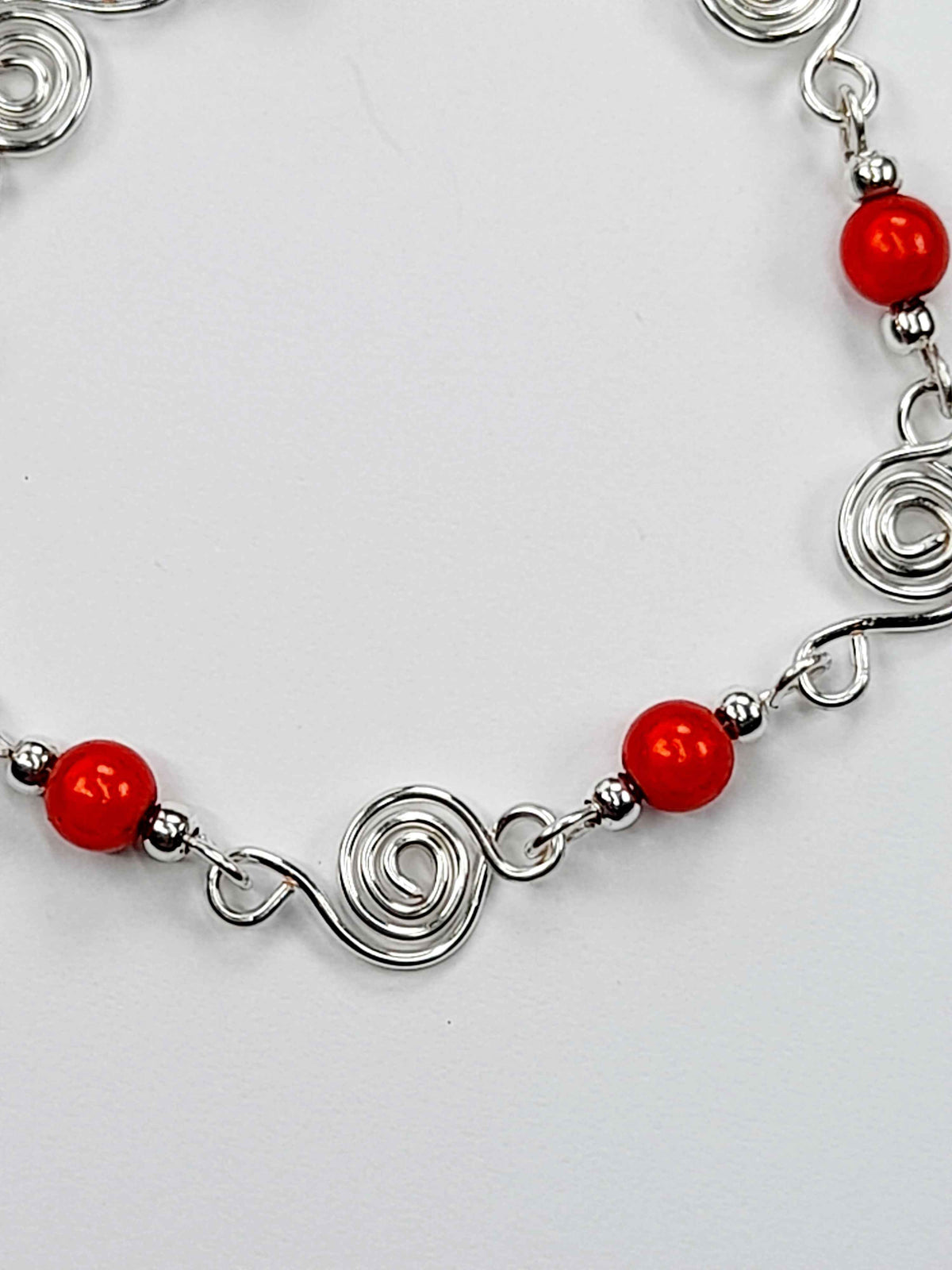 Dainty Silver Spiral & Red Bracelet, Handmade Adjustable Design