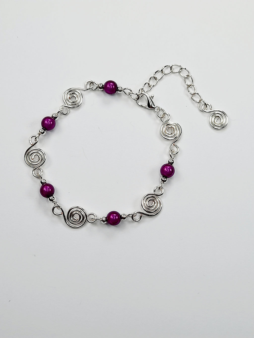 Dainty Silver Spiral & Purple Bead Bracelet, Handmade Adjustable Design