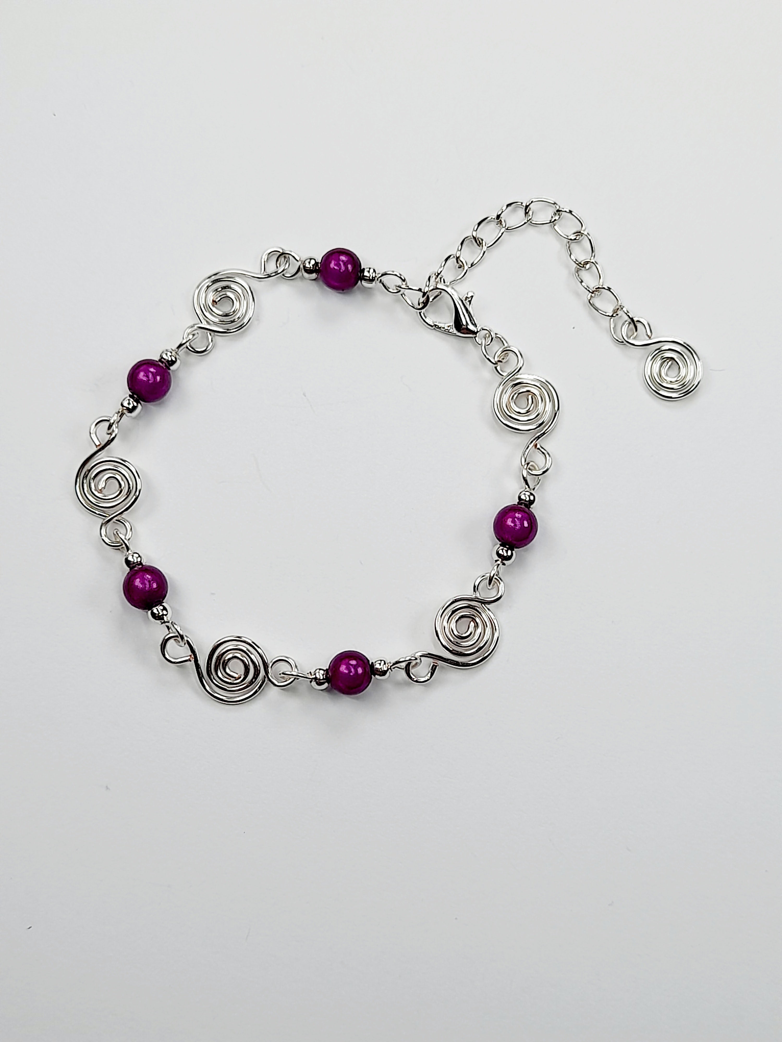 Dainty Silver Spiral & Purple Bead Bracelet, Handmade Adjustable Design