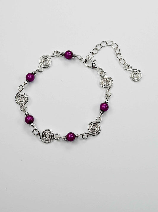 Dainty Silver Spiral & Purple Bead Bracelet, Handmade Adjustable Design