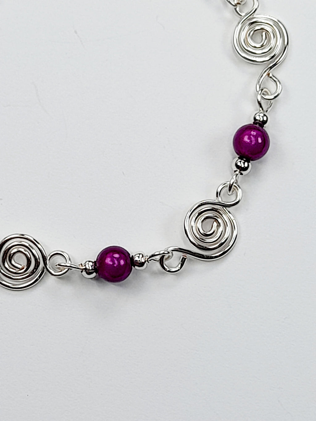 Dainty Silver Spiral & Purple Bead Bracelet, Handmade Adjustable Design