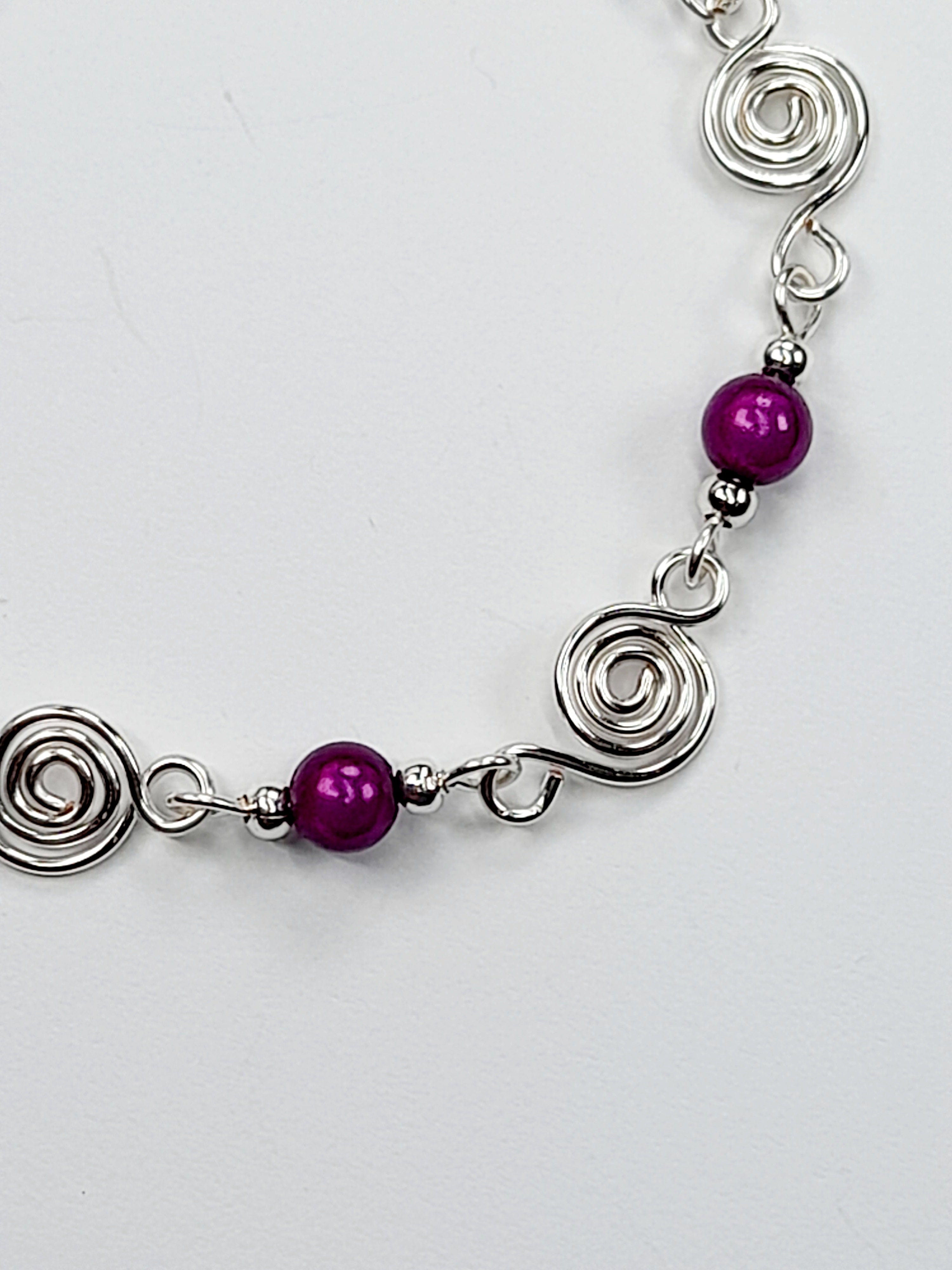 Dainty Silver Spiral & Purple Bead Bracelet, Handmade Adjustable Design