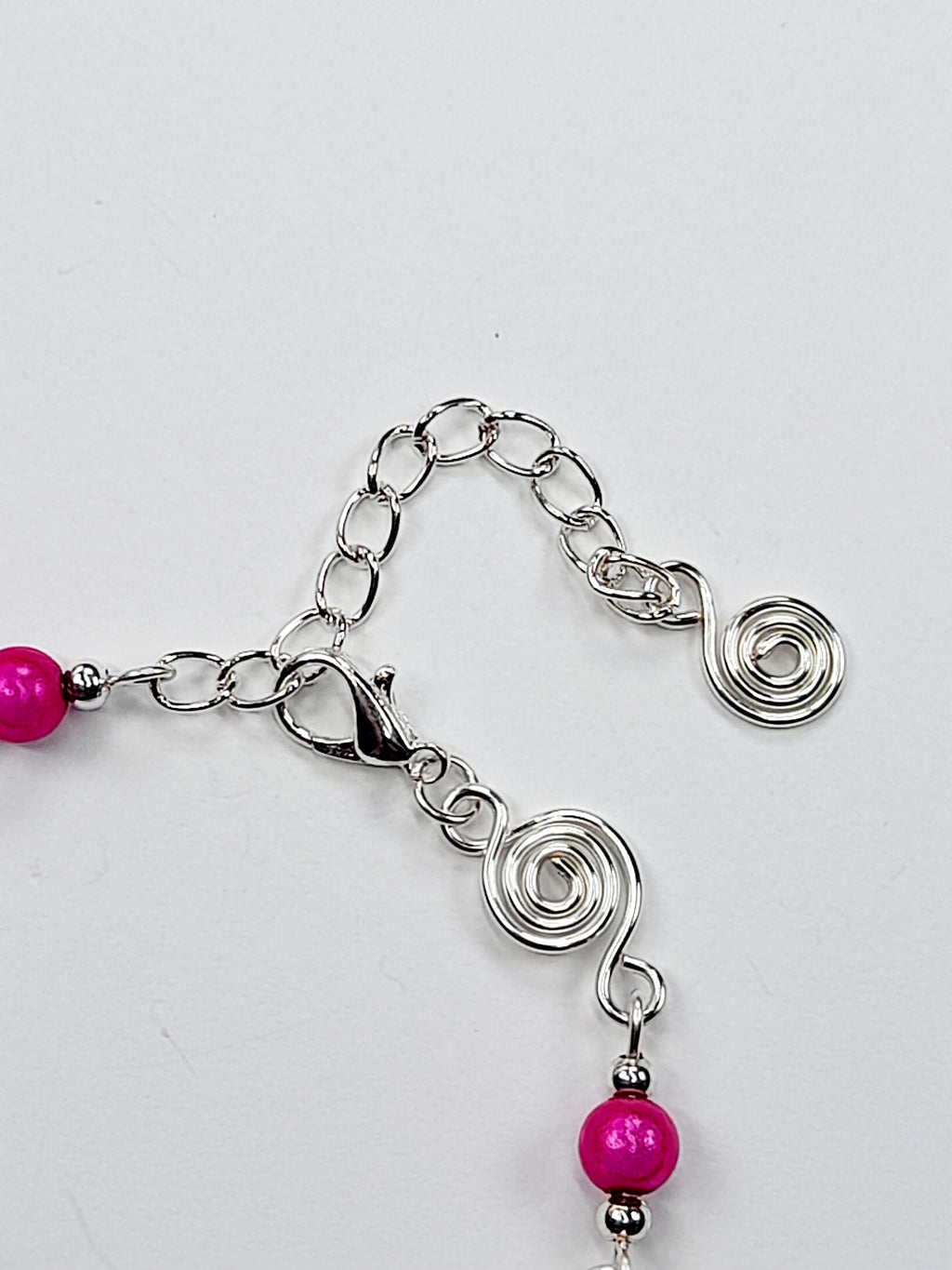 Dainty Silver Spiral & Hot Pink Bead Bracelet, Handmade Adjustable Design