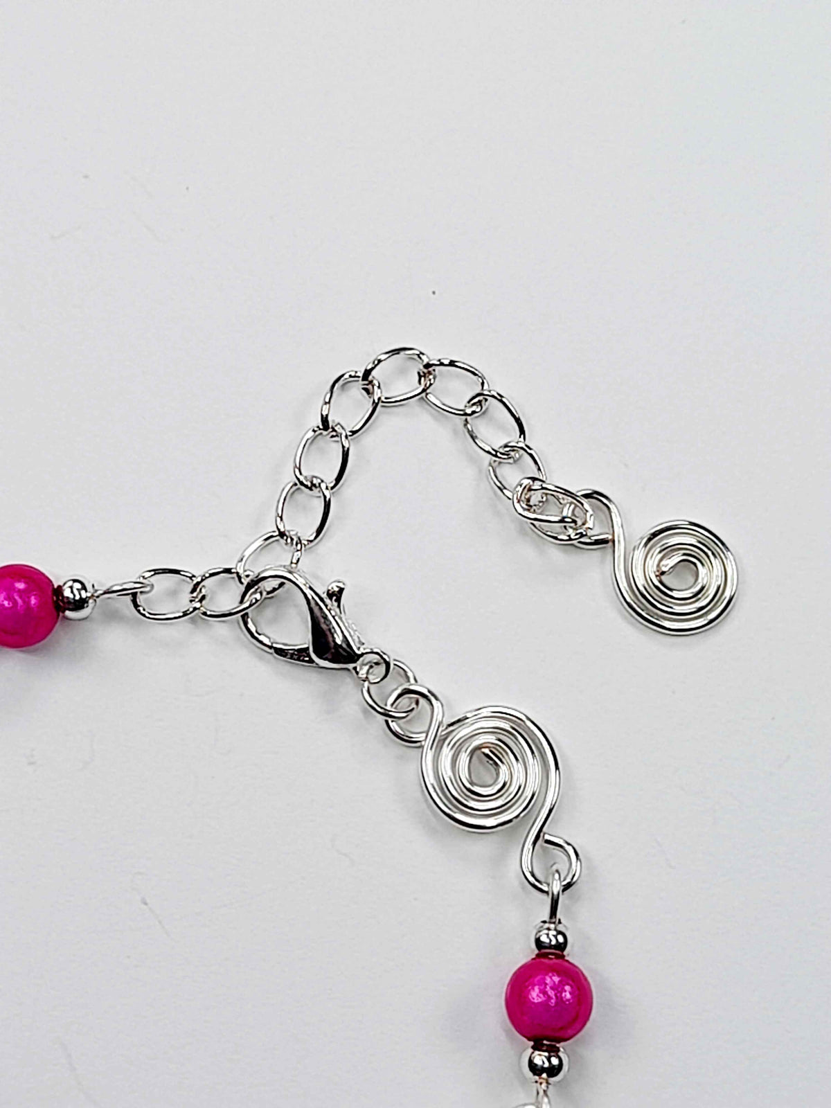 Dainty Silver Spiral & Hot Pink Bead Bracelet, Handmade Adjustable Design
