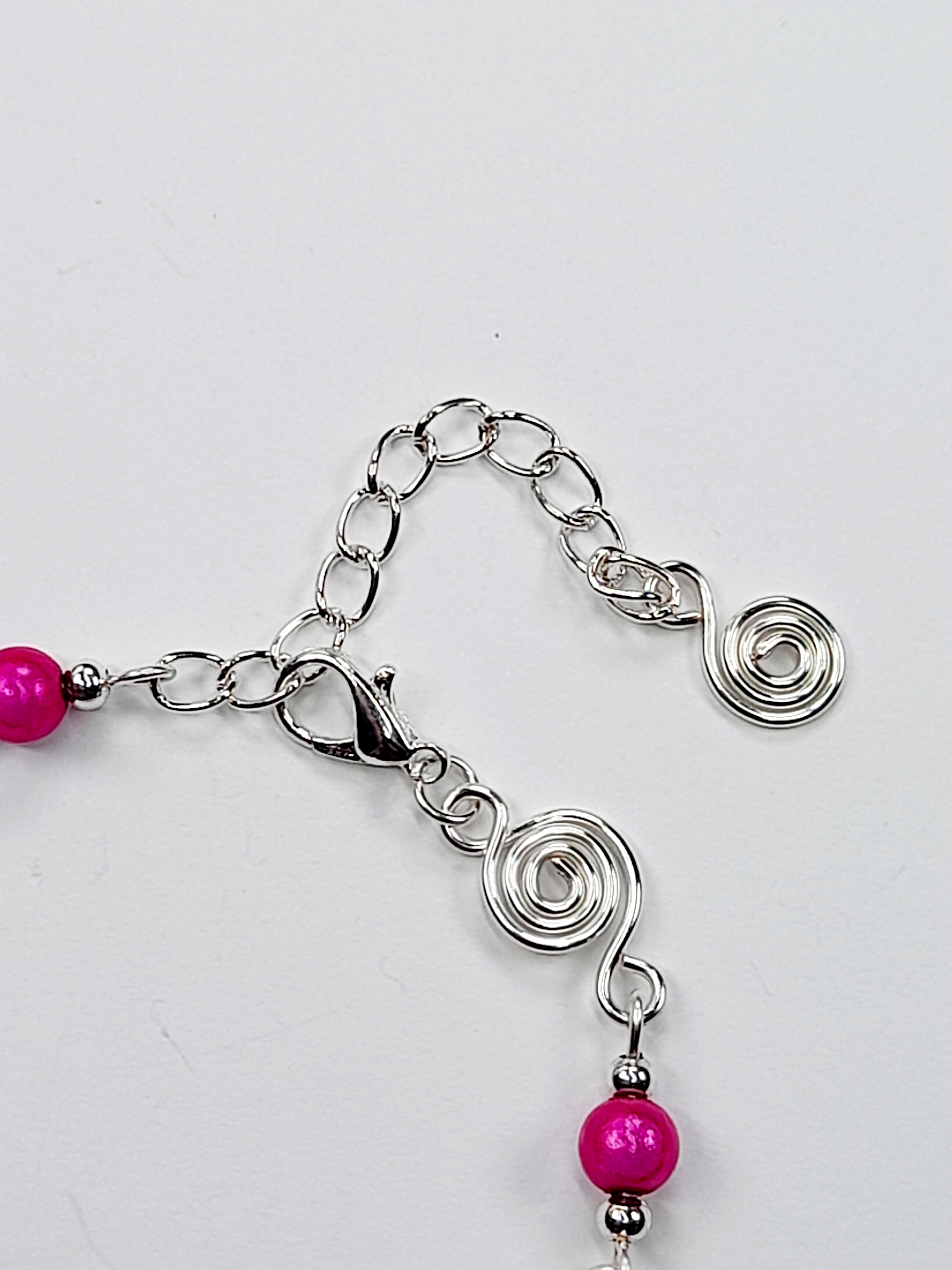 Dainty Silver Spiral & Hot Pink Bead Bracelet, Handmade Adjustable Design