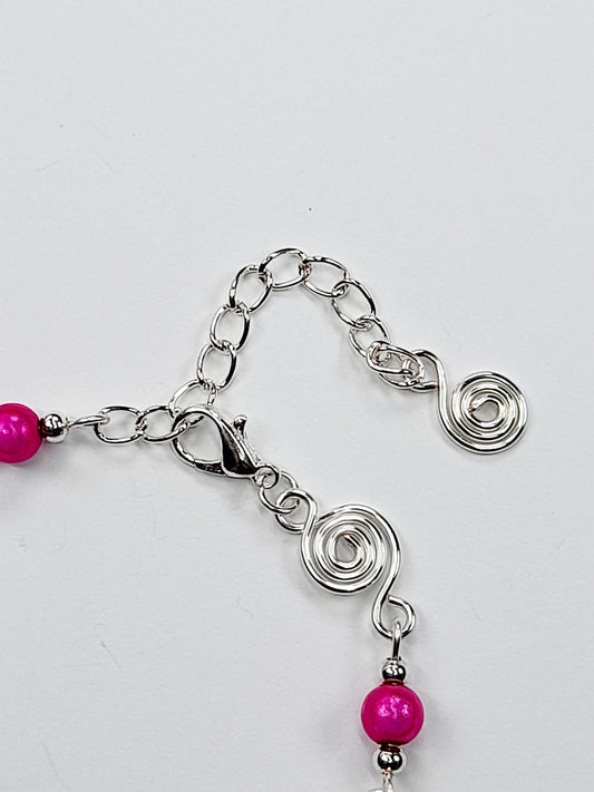Dainty Silver Spiral & Hot Pink Bead Bracelet, Handmade Adjustable Design
