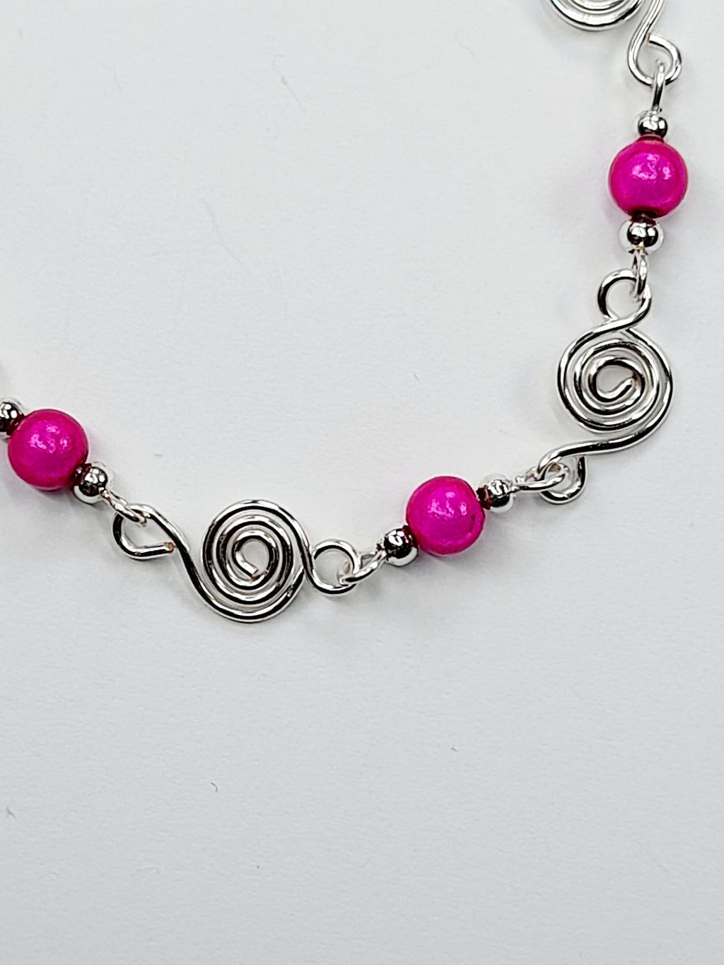 Dainty Silver Spiral & Hot Pink Bead Bracelet, Handmade Adjustable Design